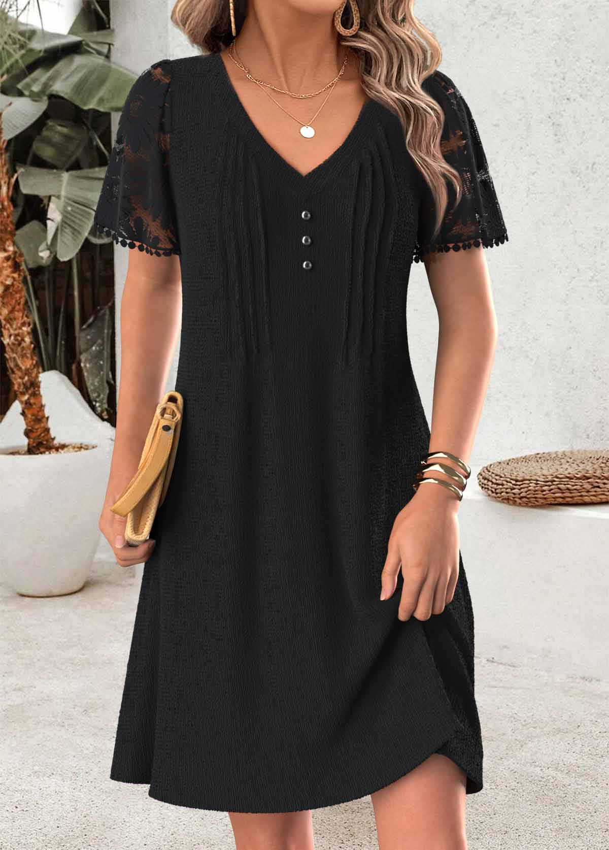 Black Short Tuck Stitch V Neck Dress | picture 