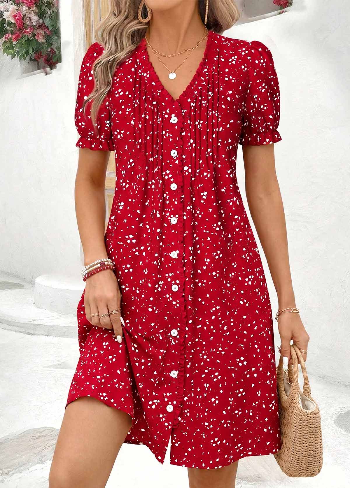 Red Ditsy Floral Print Short Tuck Stitch Dress | picture 