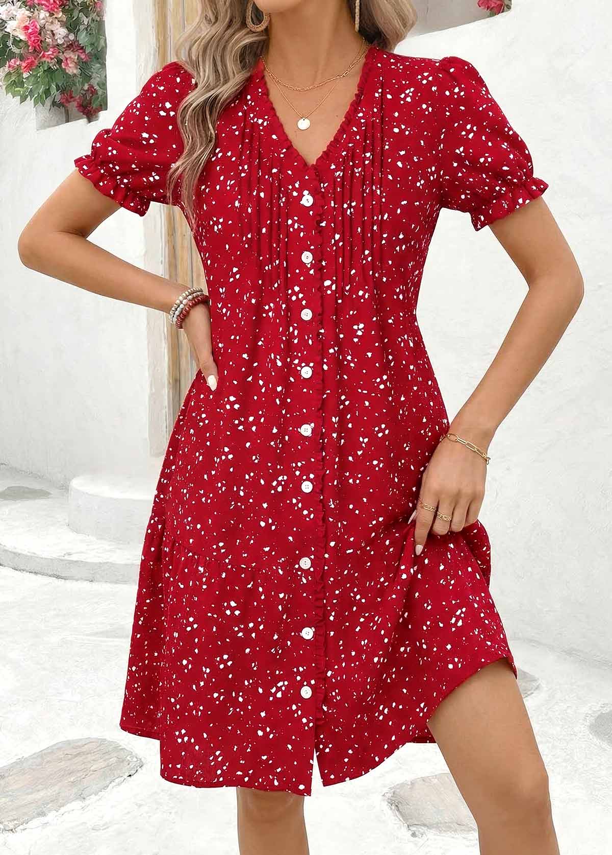 Red Ditsy Floral Print Short Tuck Stitch Dress | picture 