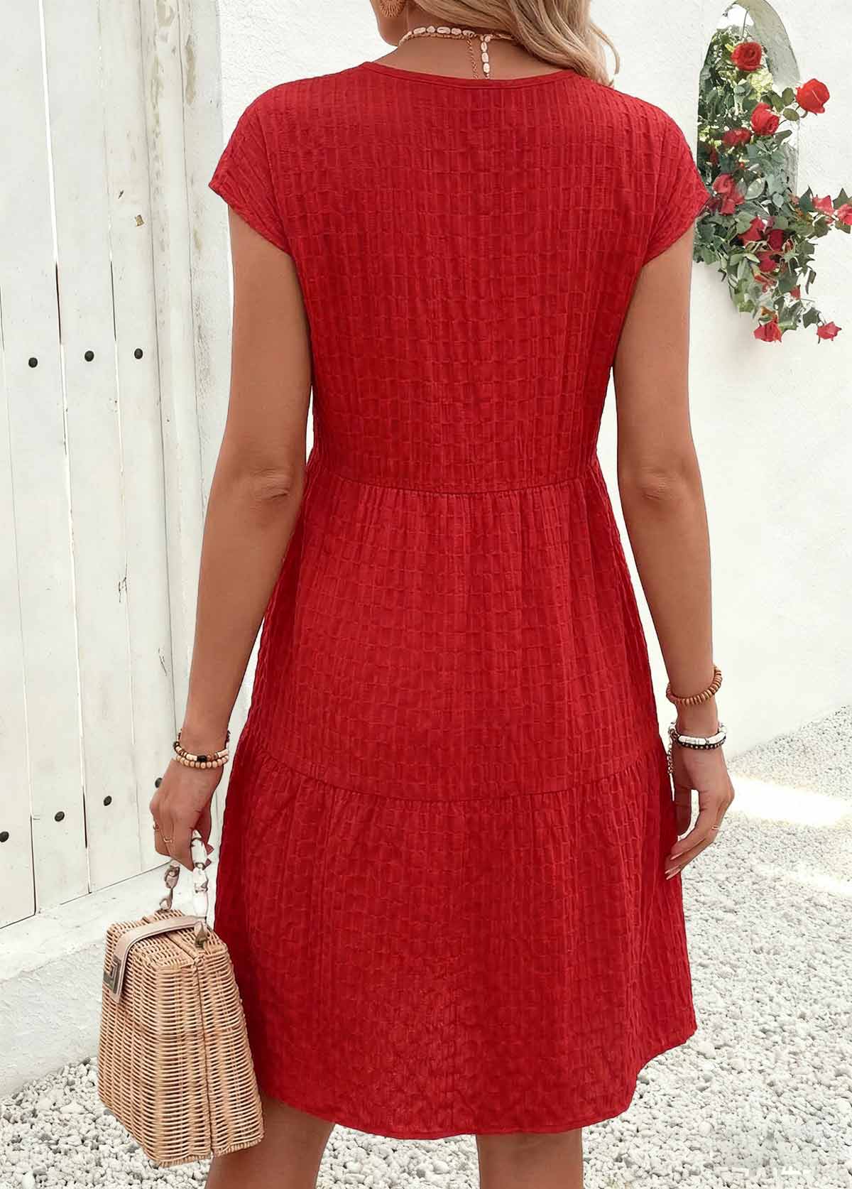 Red Shirred Short Sleeve Round Neck Dress | picture 