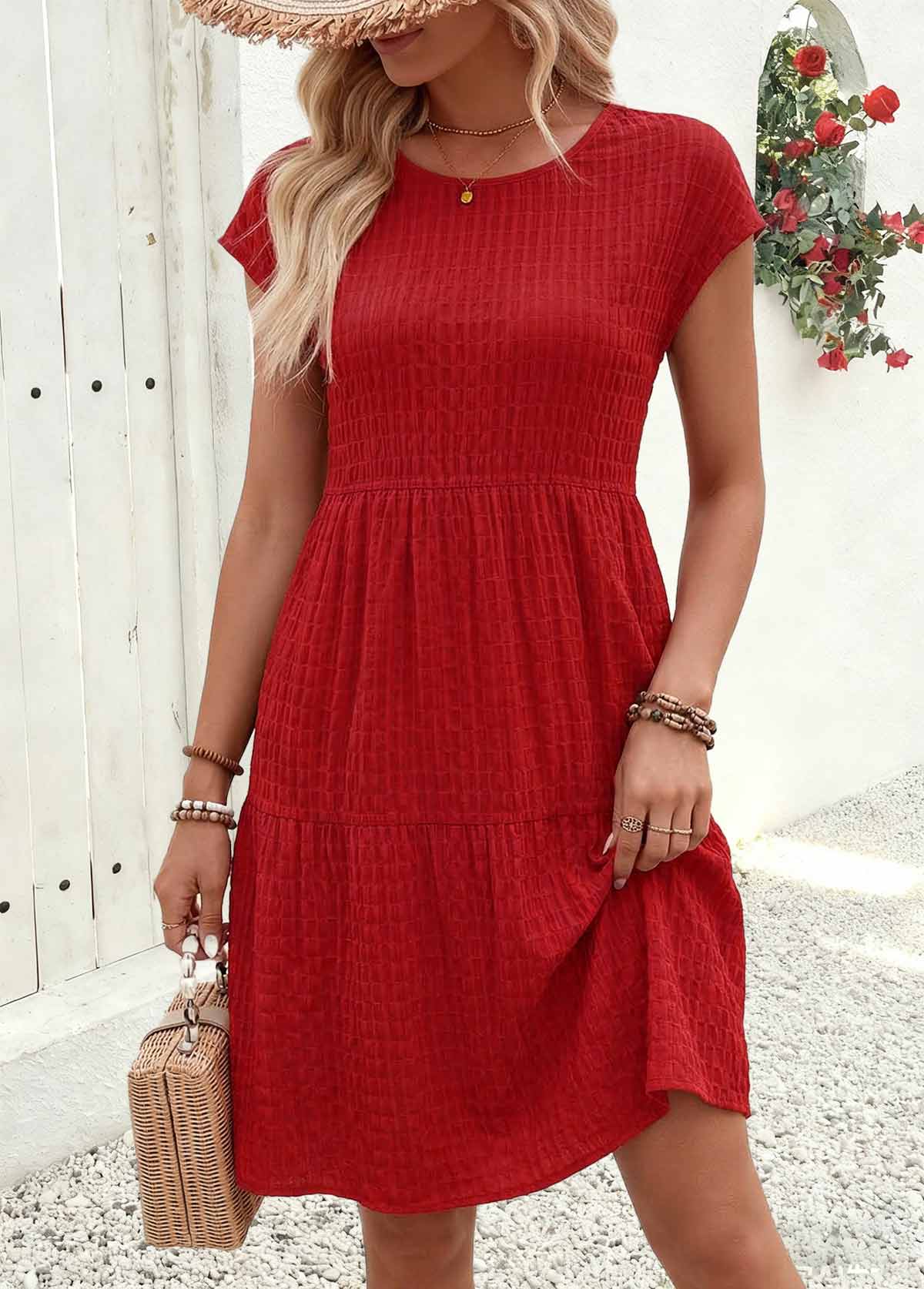 Red Shirred Short Sleeve Round Neck Dress | picture 