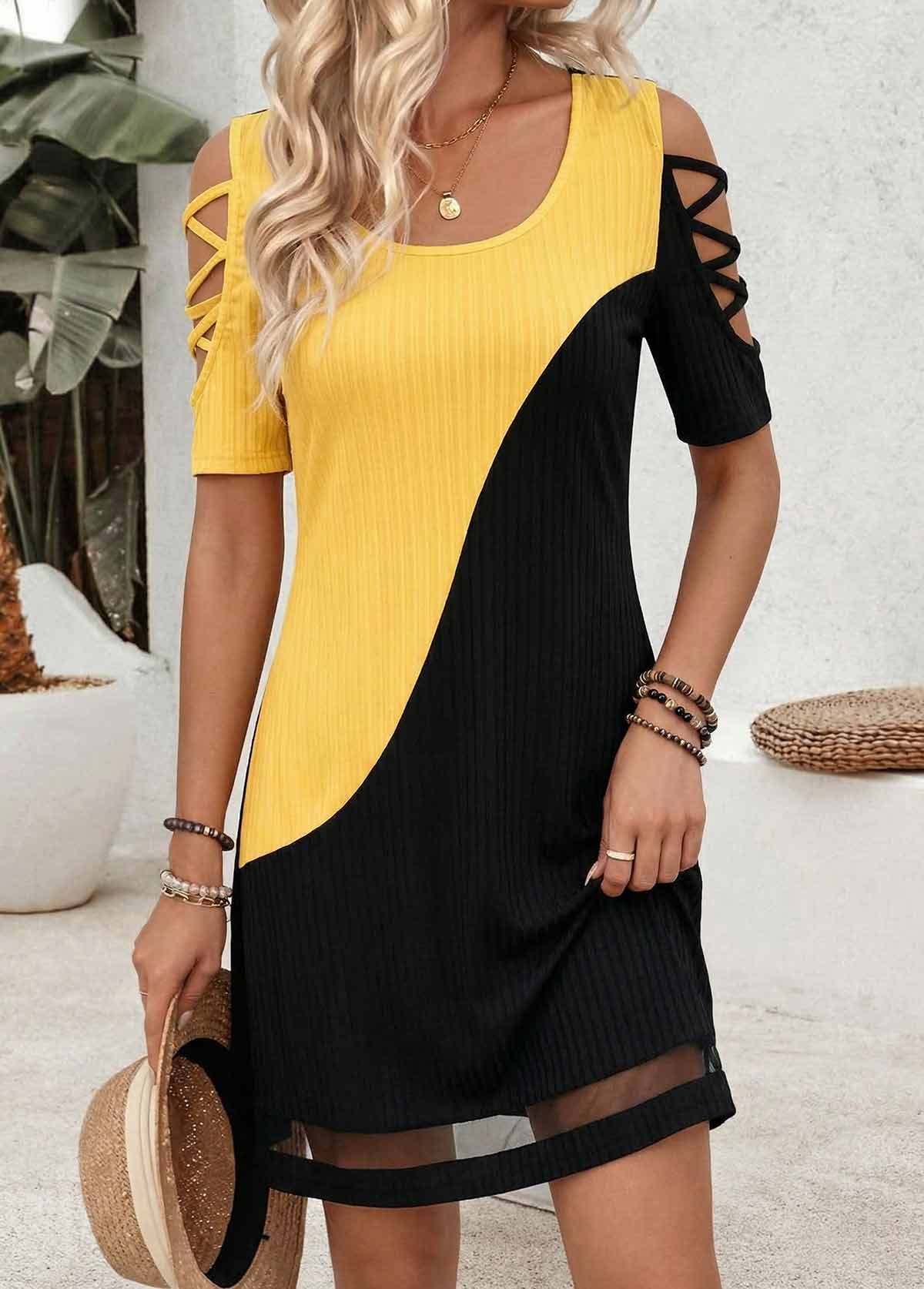 Multi Color Short Patchwork Scoop Neck Cold Shoulder Dress | picture 