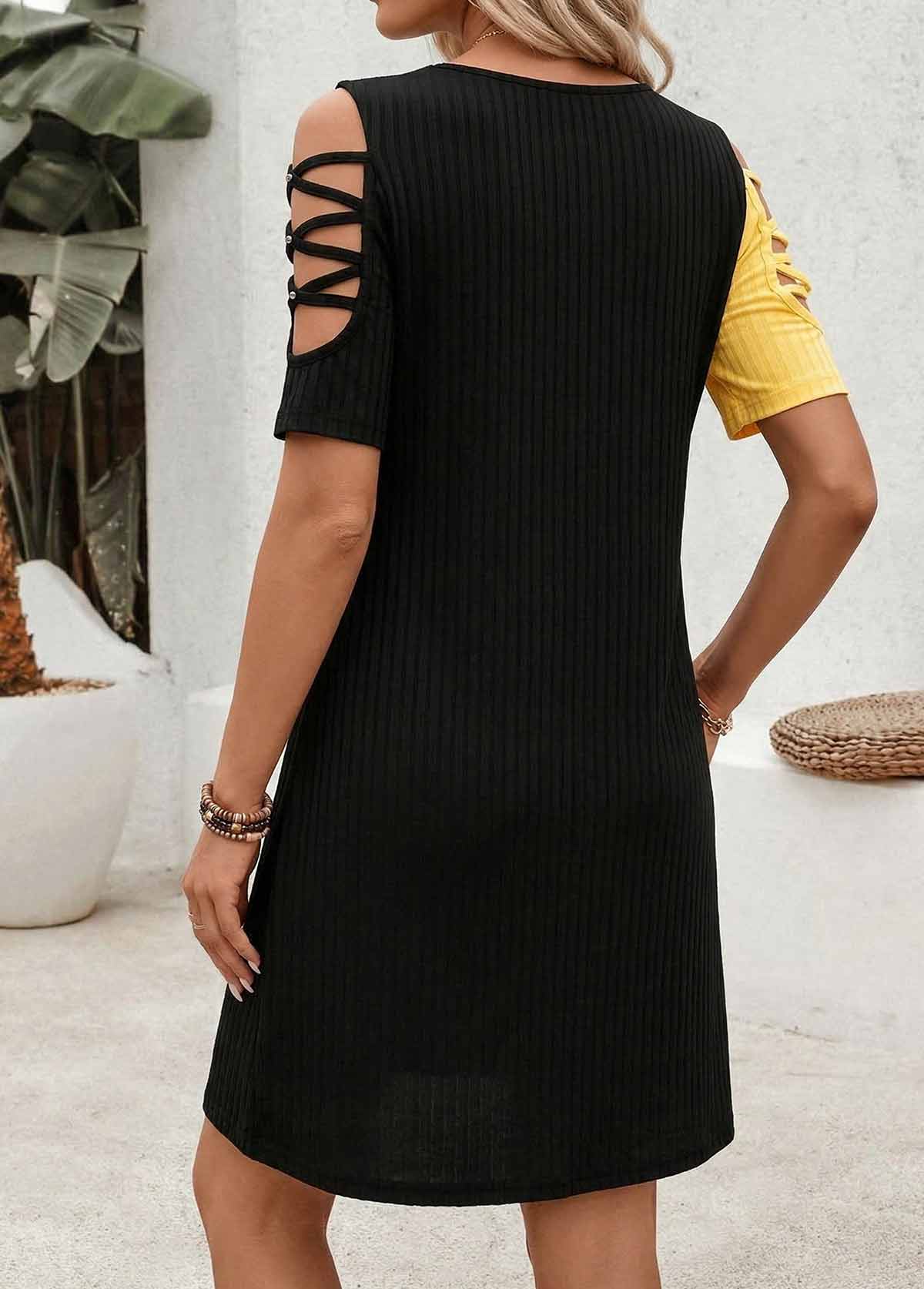 Multi Color Short Patchwork Scoop Neck Cold Shoulder Dress | picture 