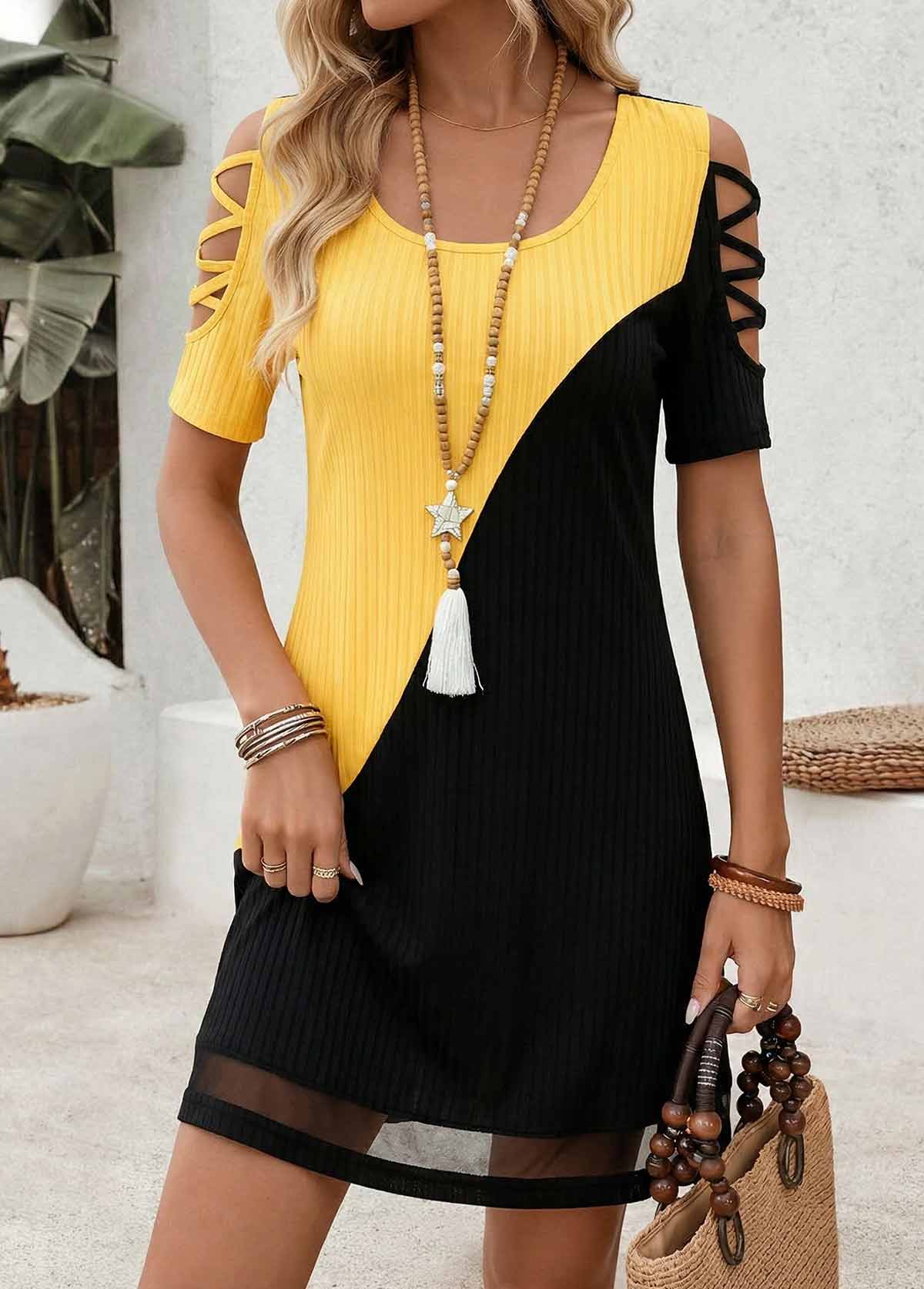 Multi Color Short Patchwork Scoop Neck Cold Shoulder Dress | picture 