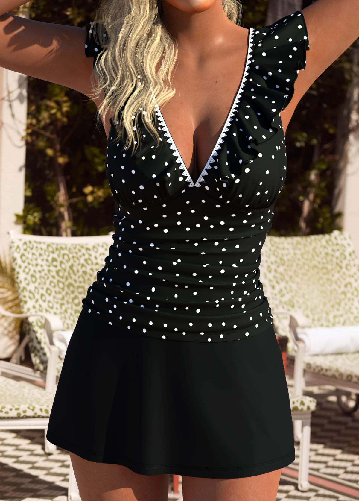 Black Mid Waisted Ruched Polka Dot Tankini Set | picture 