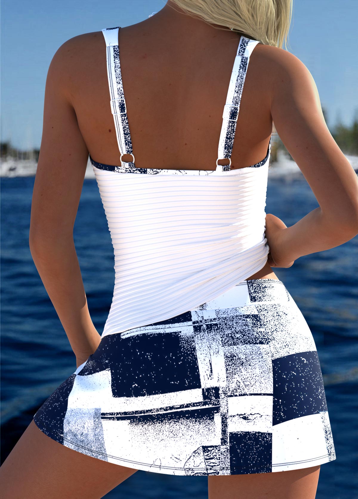 White Mid Waisted Drawstring Geometric Print Tankini Set | picture 