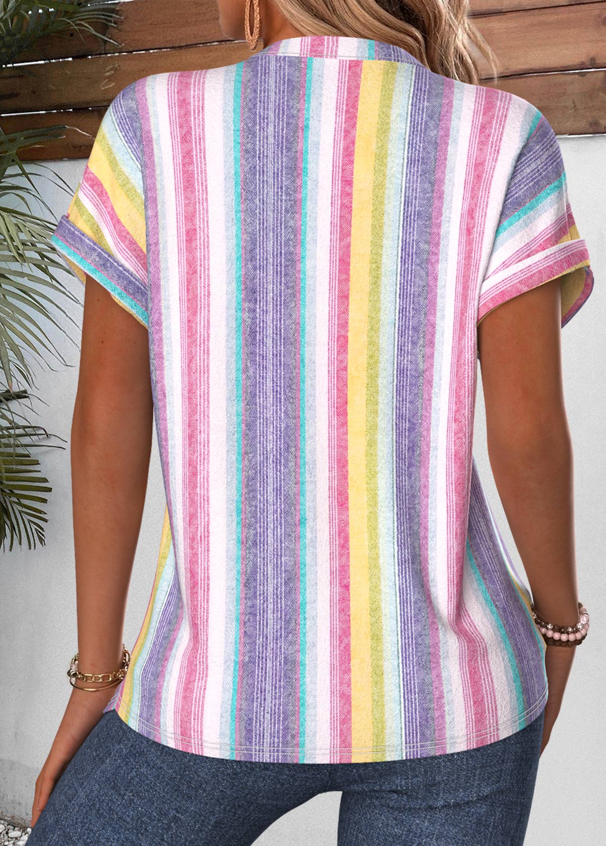 Multi Color Striped Curved Hem Short Sleeve Blouse | picture 