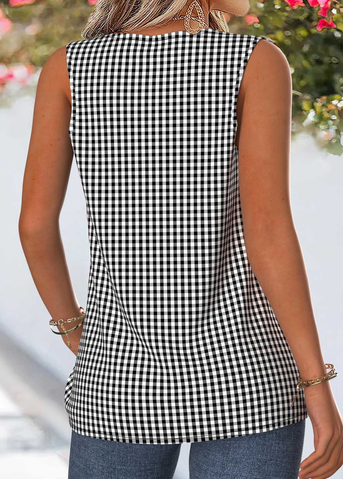 Black Plaid Patchwork Sleeveless Asymmetrical Neck Tank Top | picture 
