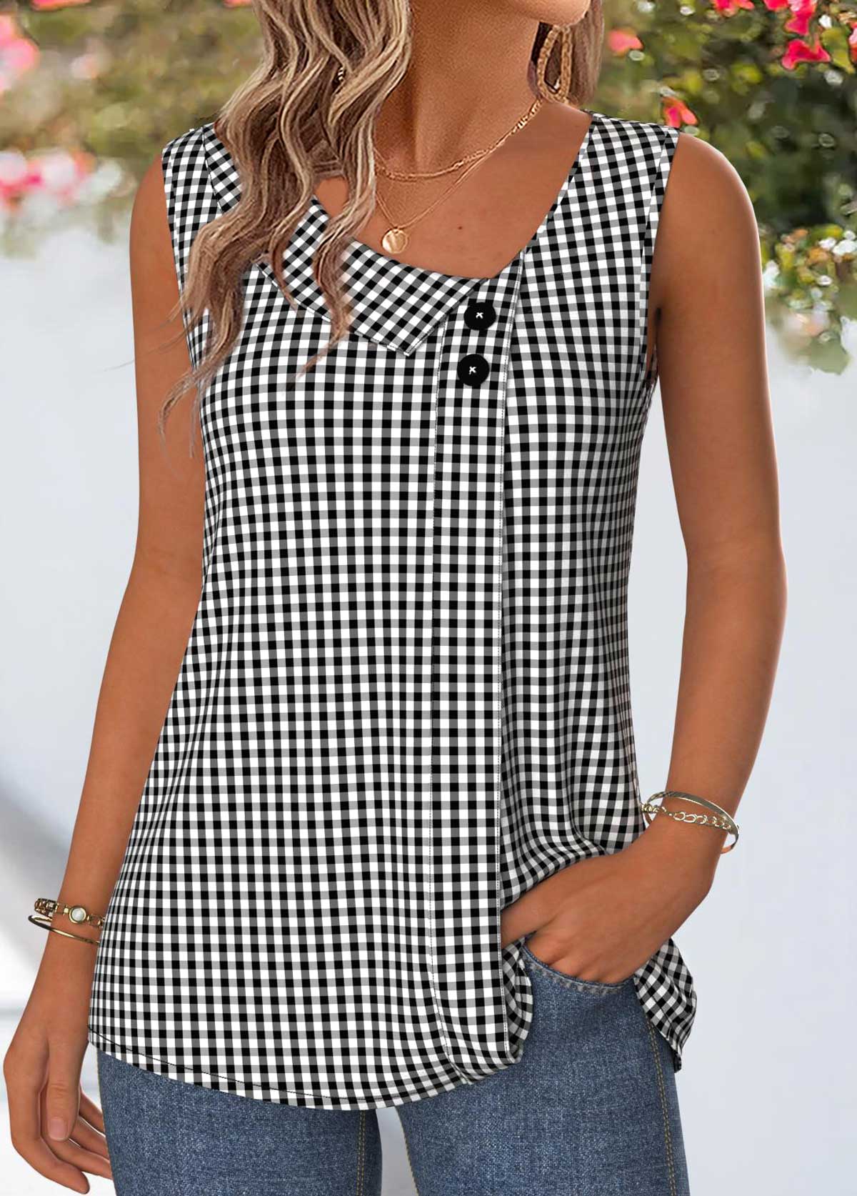 Black Plaid Patchwork Sleeveless Asymmetrical Neck Tank Top | picture 