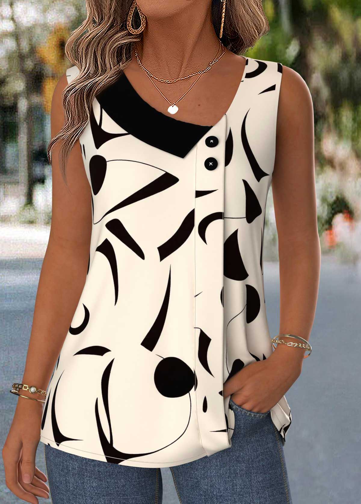 Beige Geometric Print Patchwork Sleeveless Asymmetrical Neck Tank Top | picture 