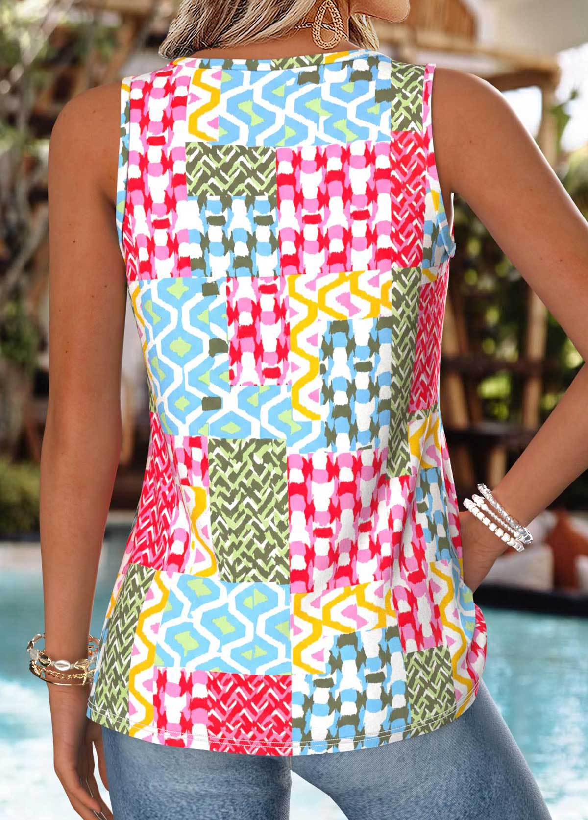 Multi Color Geometric Print Patchwork Sleeveless Tank Top | picture 