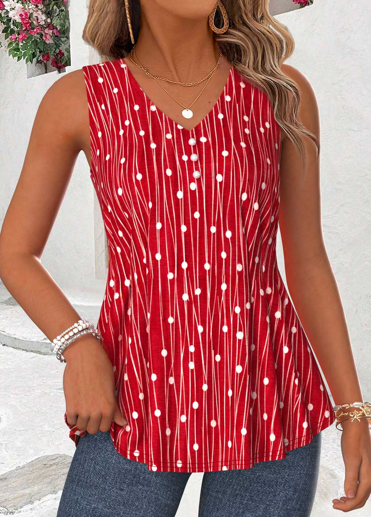 Red Geometric Print Curved Hem Sleeveless Tank Top | picture 