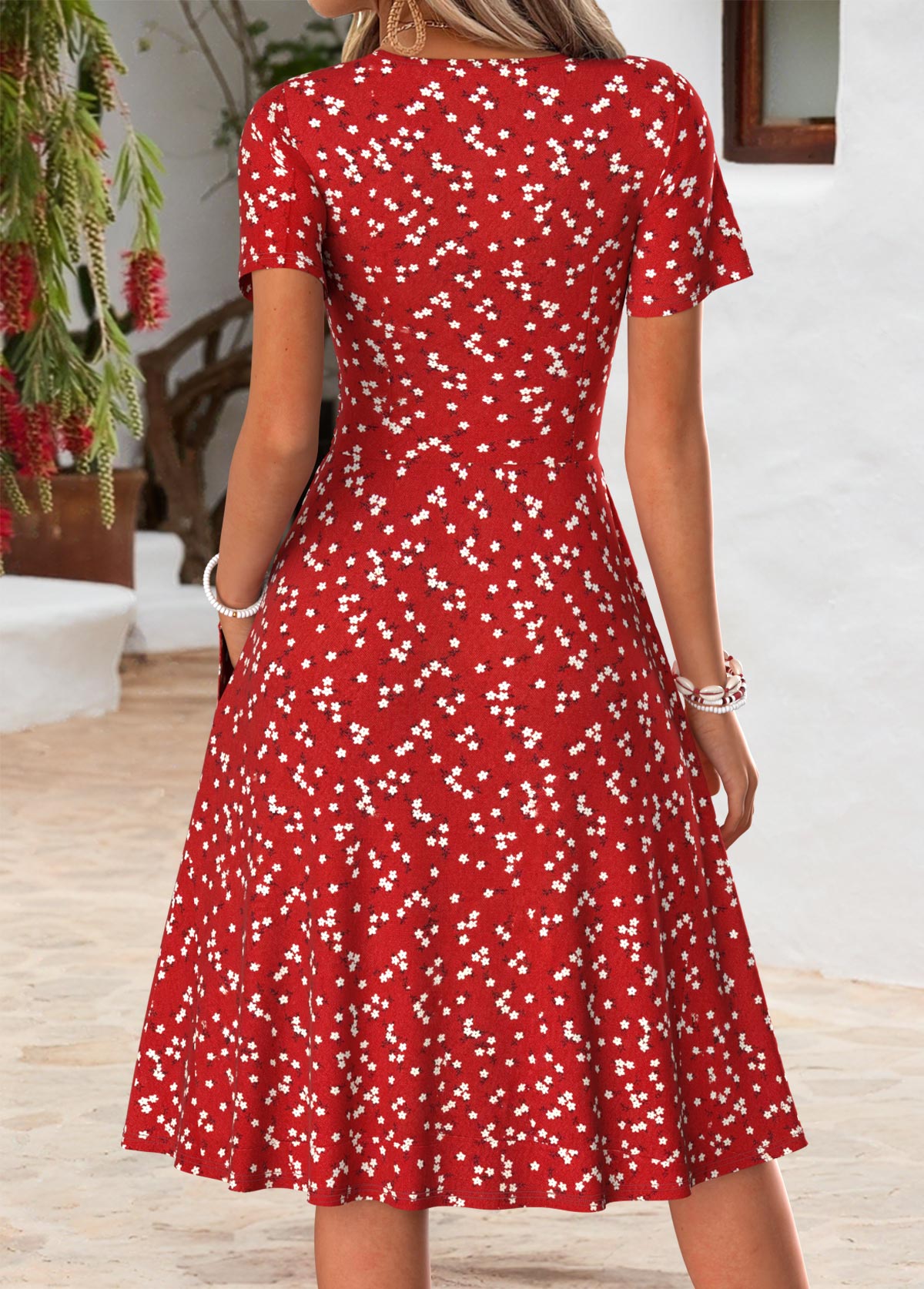 Red Ditsy Floral Print Double Side Pockets Dress | picture 