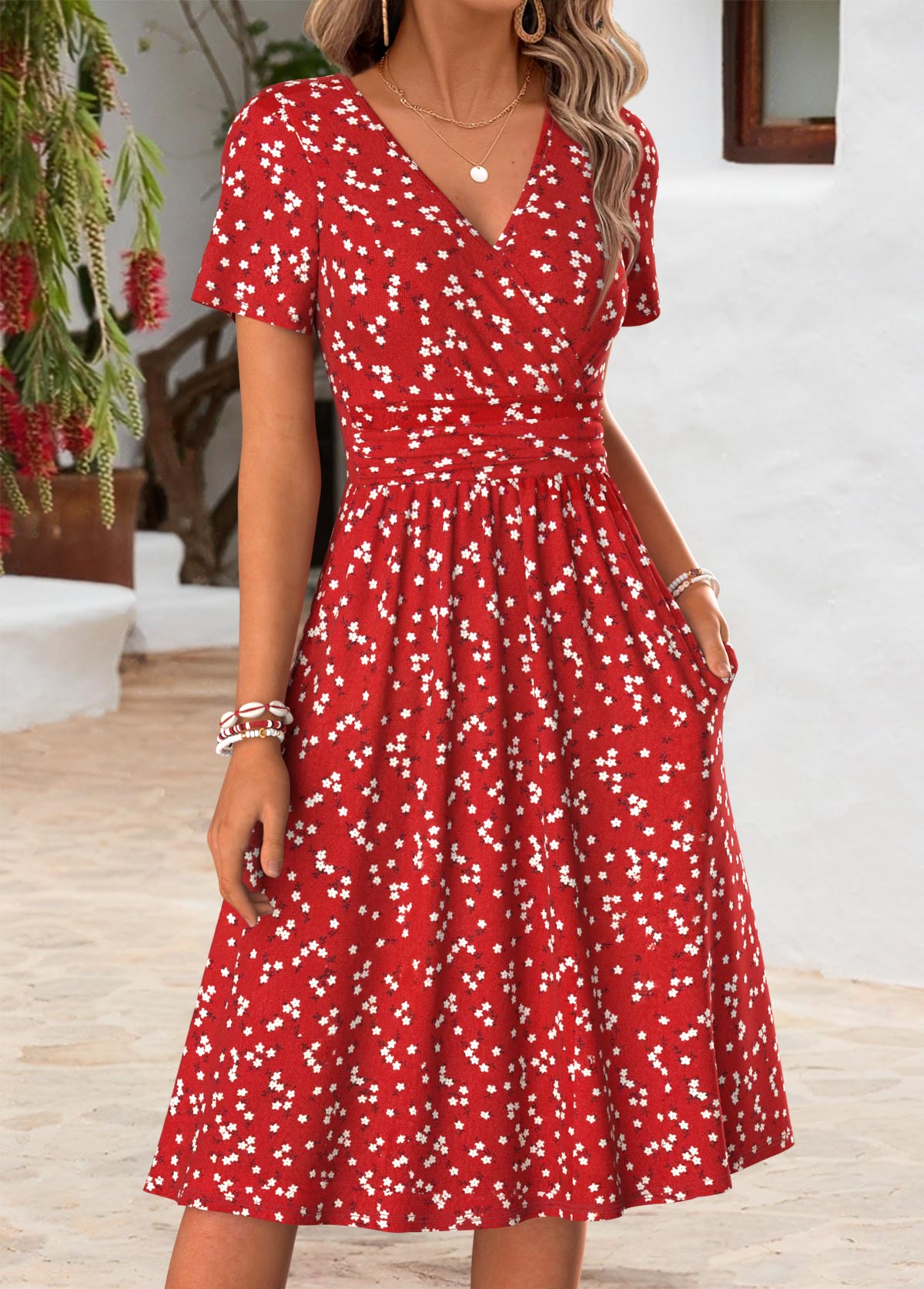 Red Ditsy Floral Print Double Side Pockets Dress | picture 