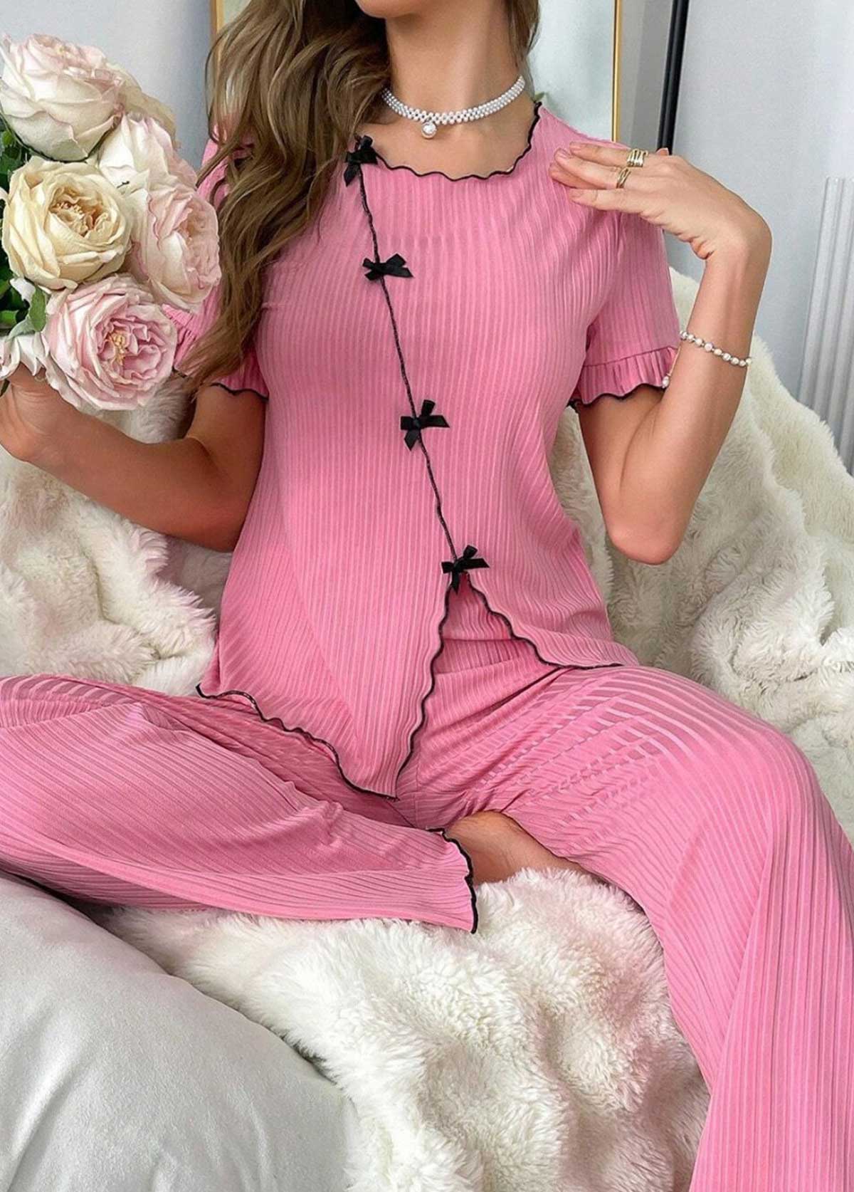 Pink Short Sleeve Square Neck Lounge Top and Pants | picture 
