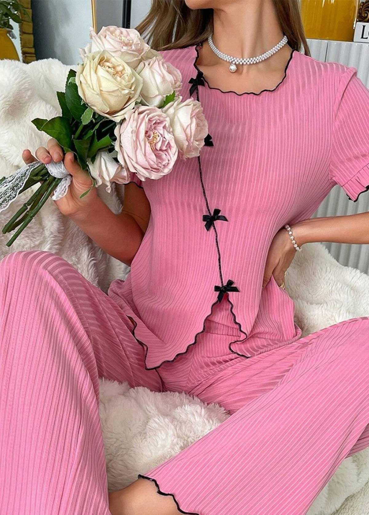 Pink Short Sleeve Square Neck Lounge Top and Pants | picture 