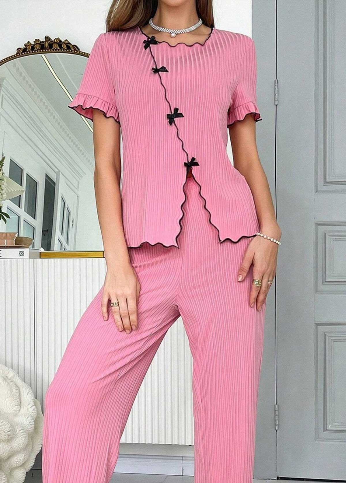 Pink Short Sleeve Square Neck Lounge Top and Pants | picture 