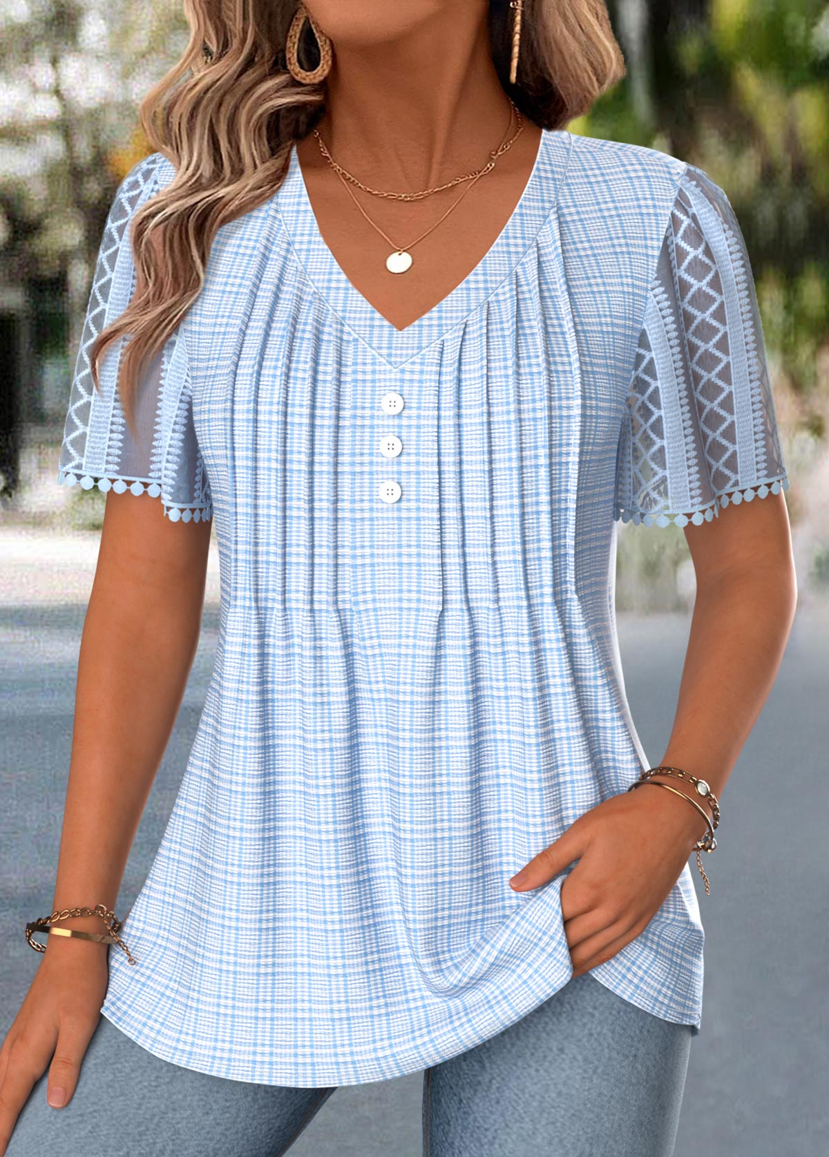 Light Blue Plaid Curved Hem Short Sleeve T Shirt | picture 