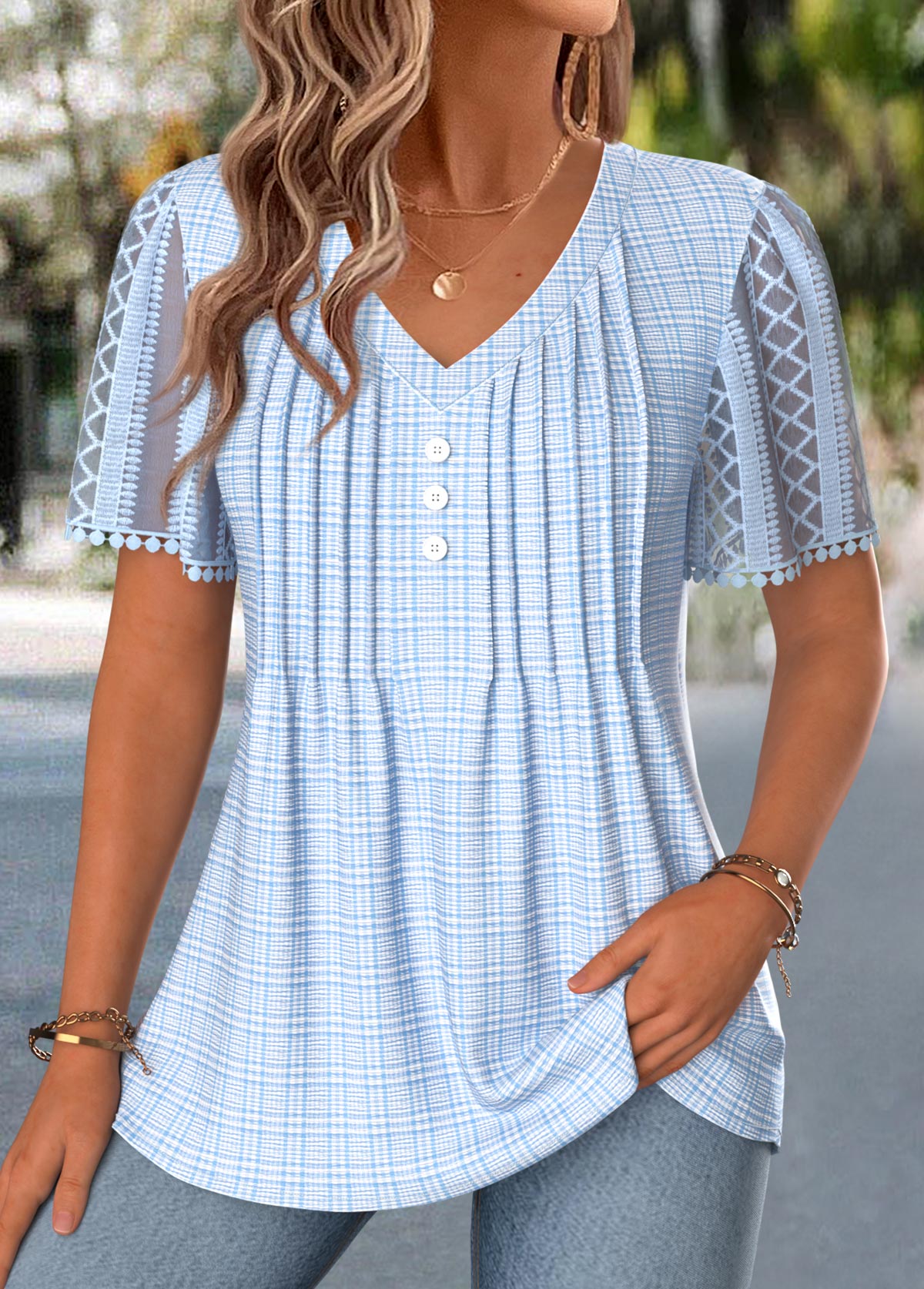 Light Blue Plaid Curved Hem Short Sleeve T Shirt | picture 