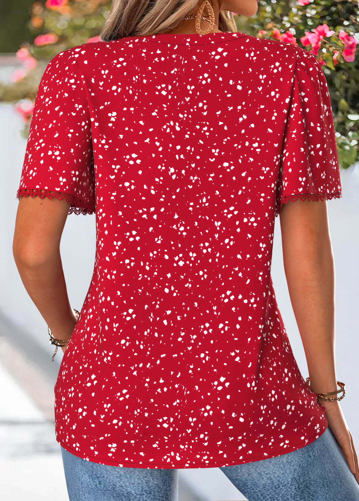 Red Polka Dot Curved Hem Short Sleeve T Shirt | picture 