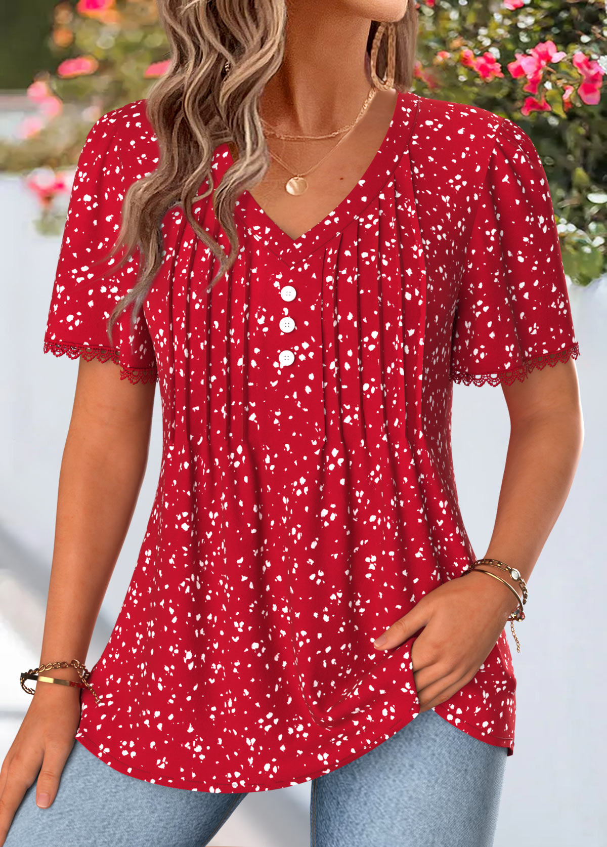 Red Polka Dot Curved Hem Short Sleeve T Shirt | picture 