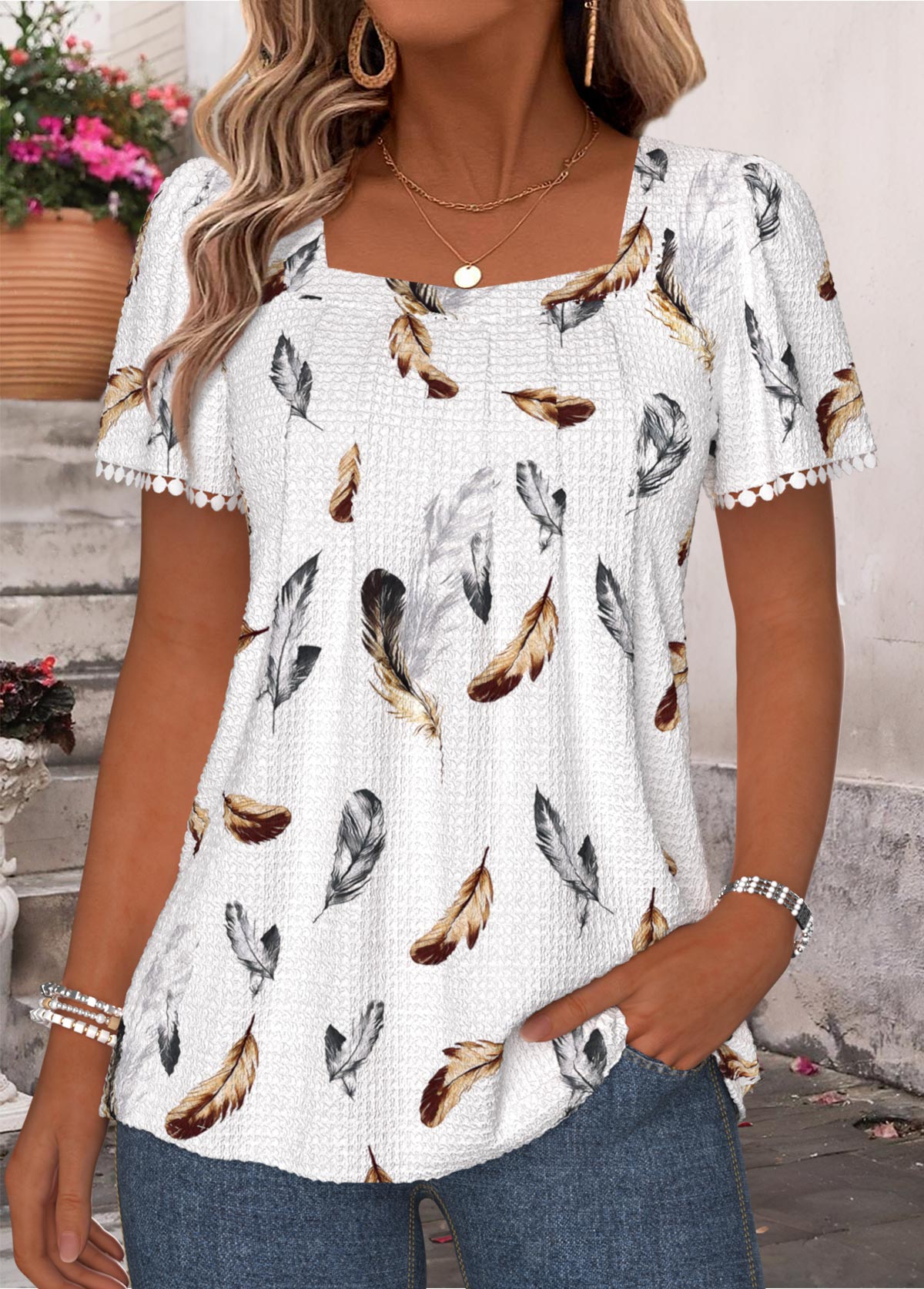 White Feathers Print Pleated Short Sleeve T Shirt | picture 