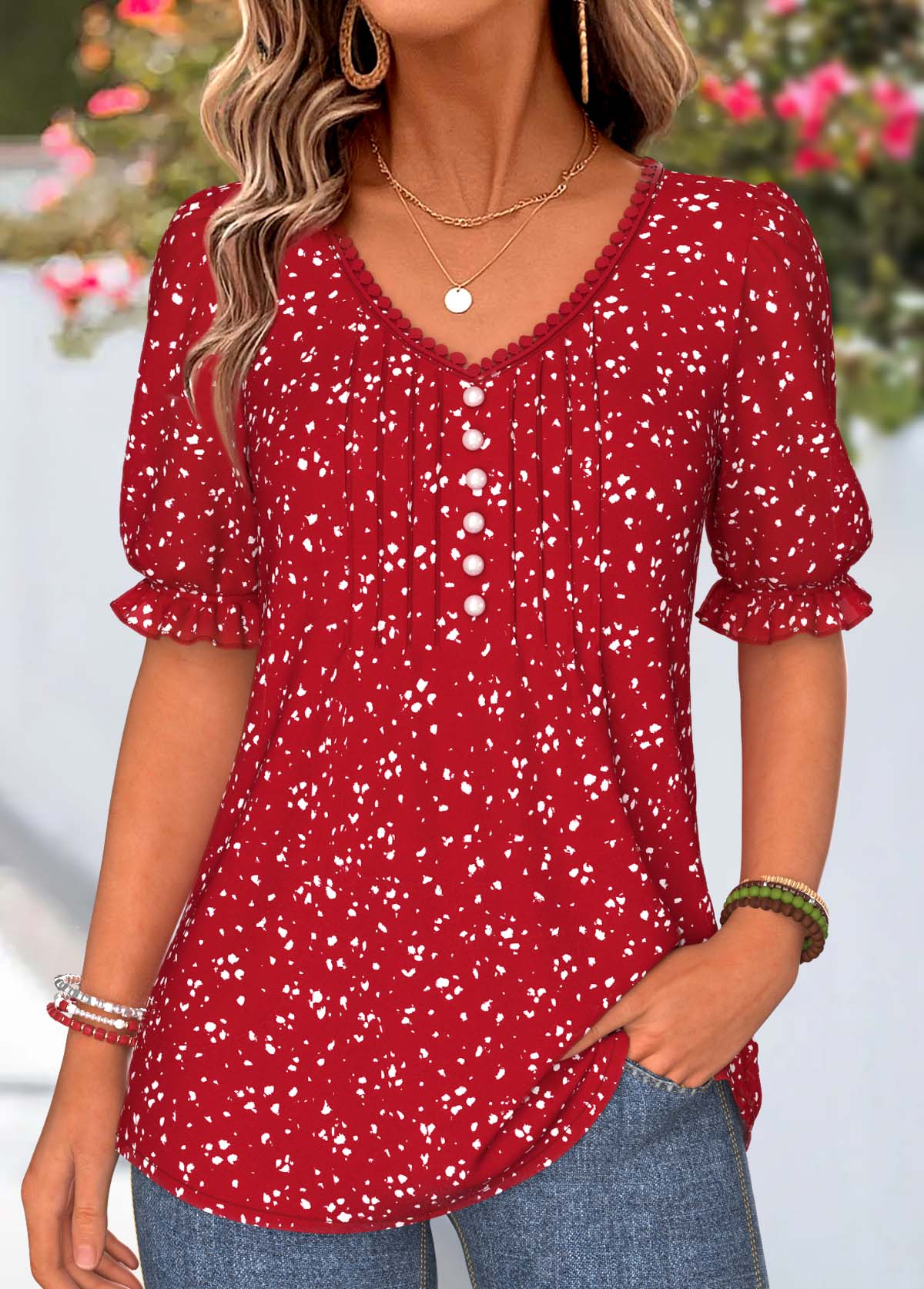 Red Polka Dot Curved Hem Short Sleeve T Shirt | picture 