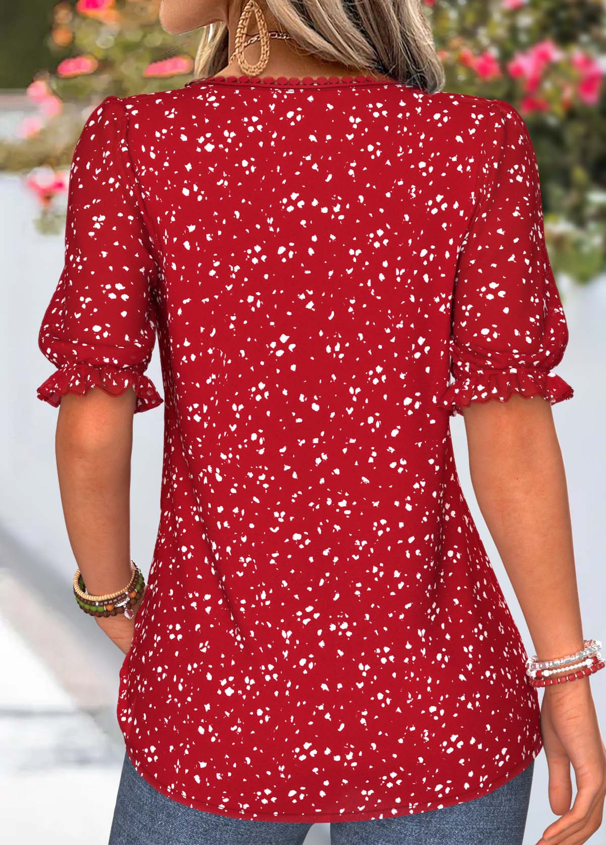 Red Polka Dot Curved Hem Short Sleeve T Shirt | picture 