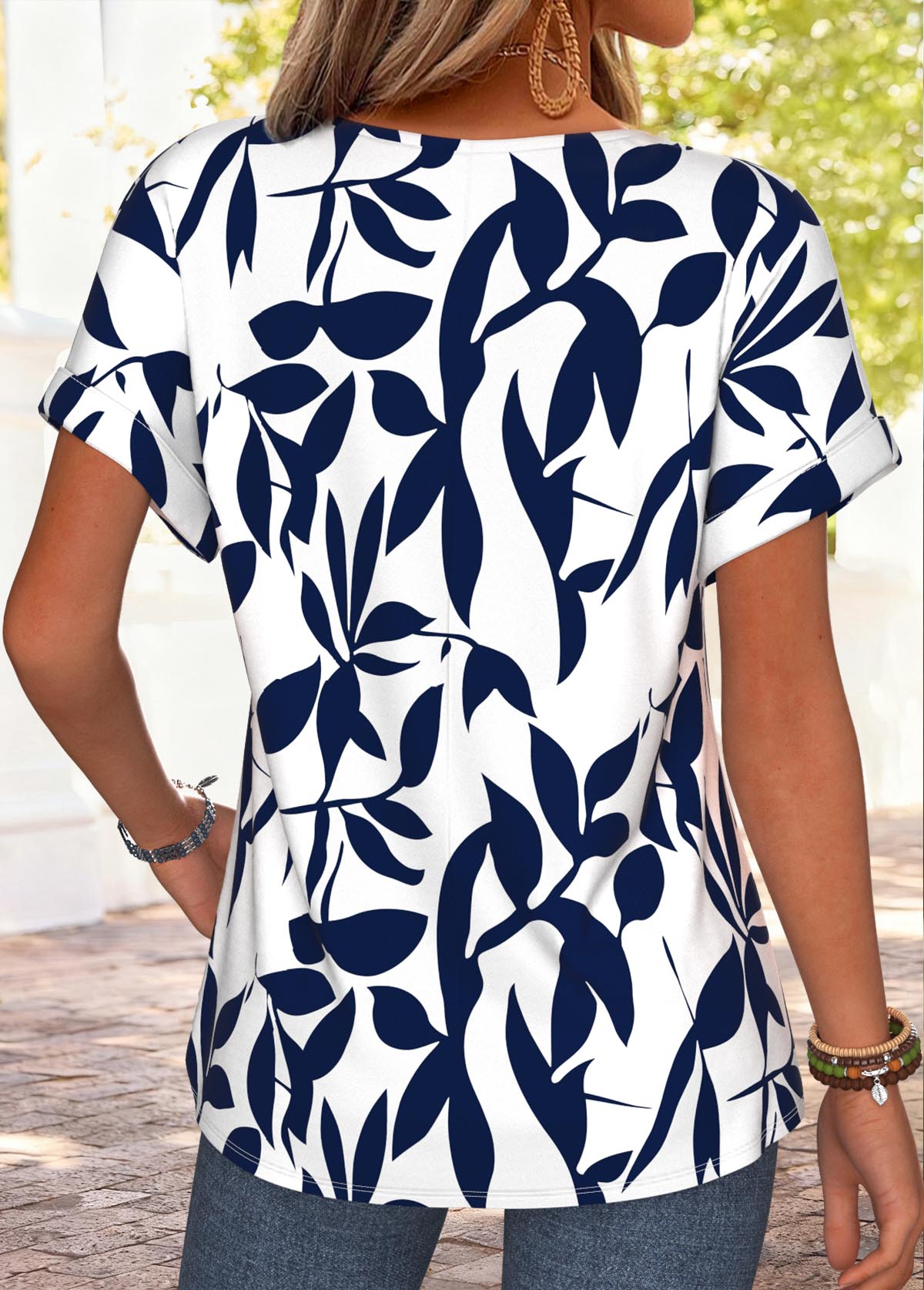 Navy Leaf Print Curved Hem Short Sleeve T Shirt | picture 