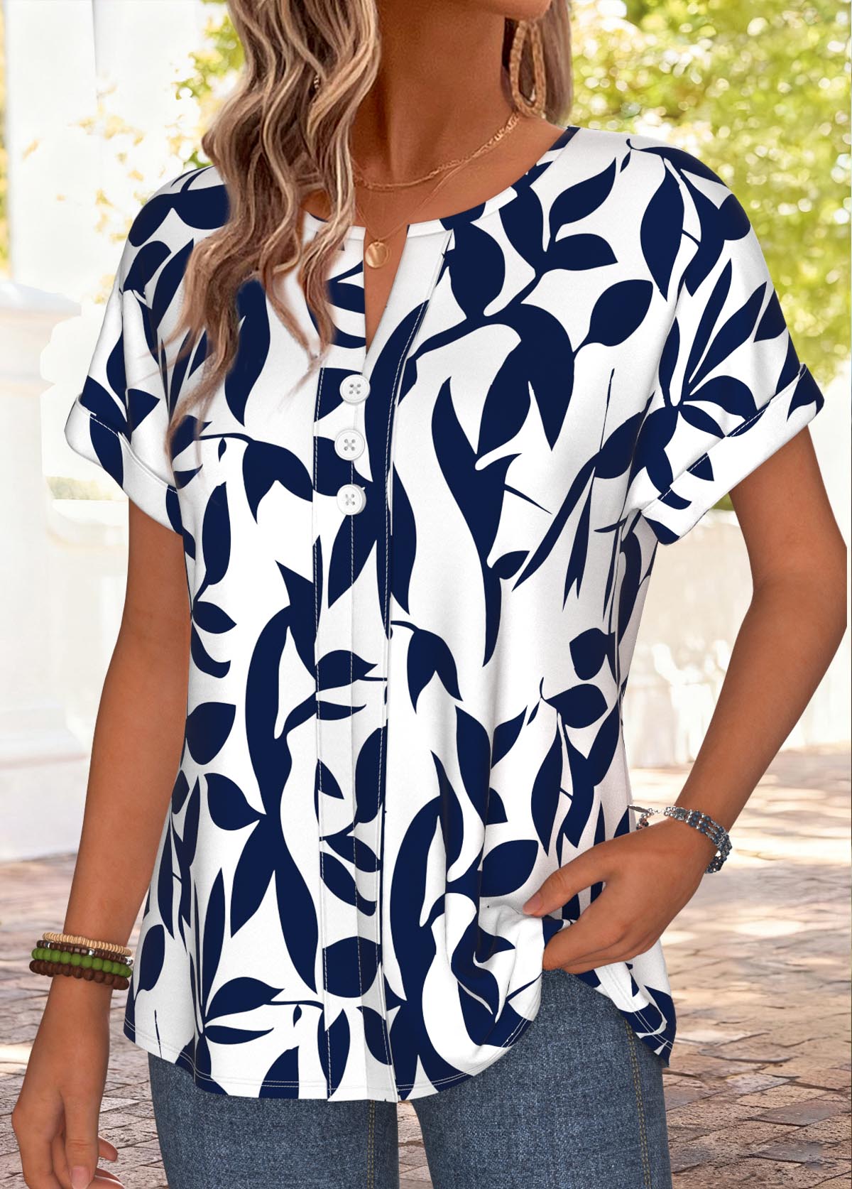 Navy Leaf Print Curved Hem Short Sleeve T Shirt | picture 