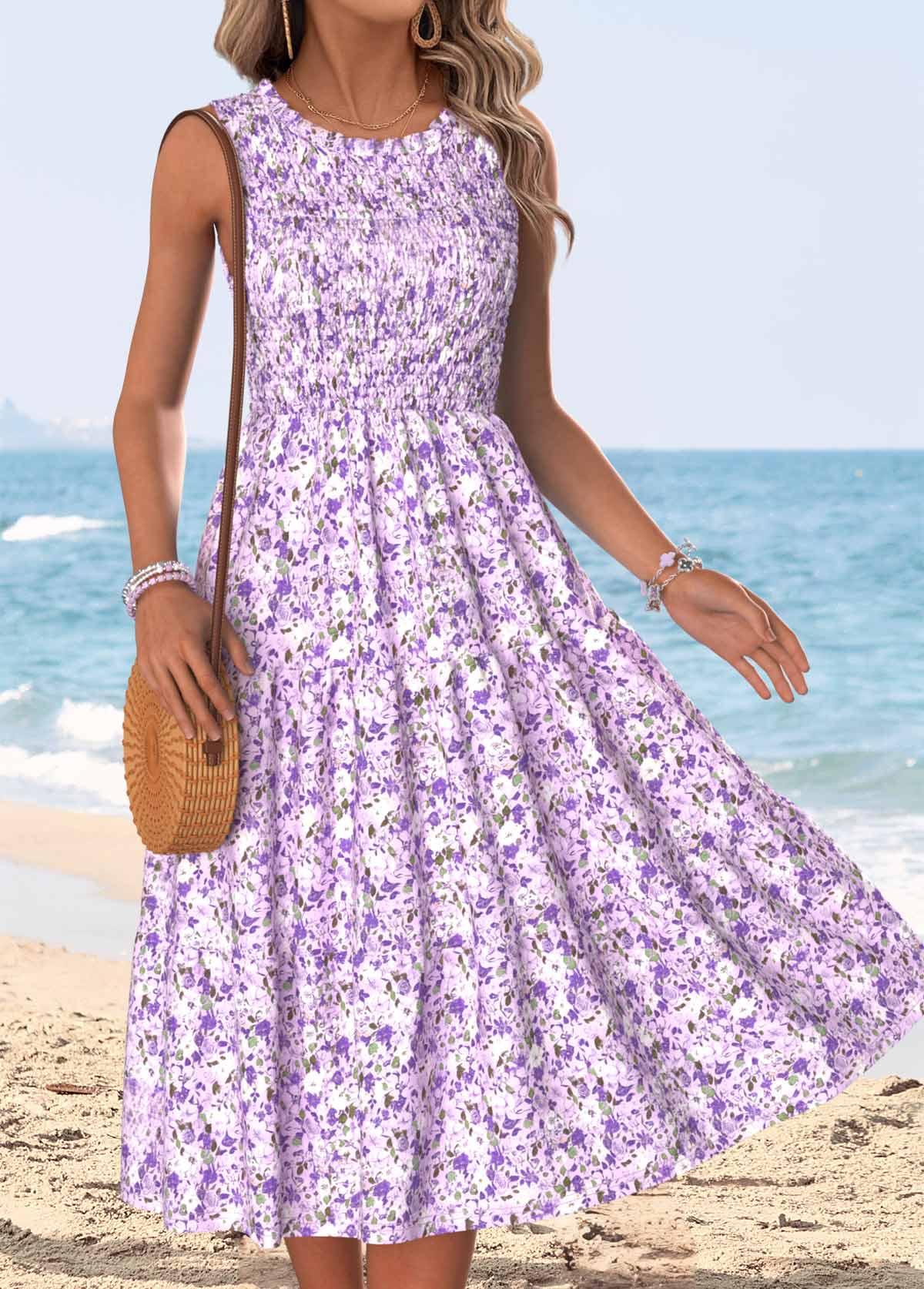 Light Purple Ditsy Floral Print Smocked Sleeveless Dress | picture 