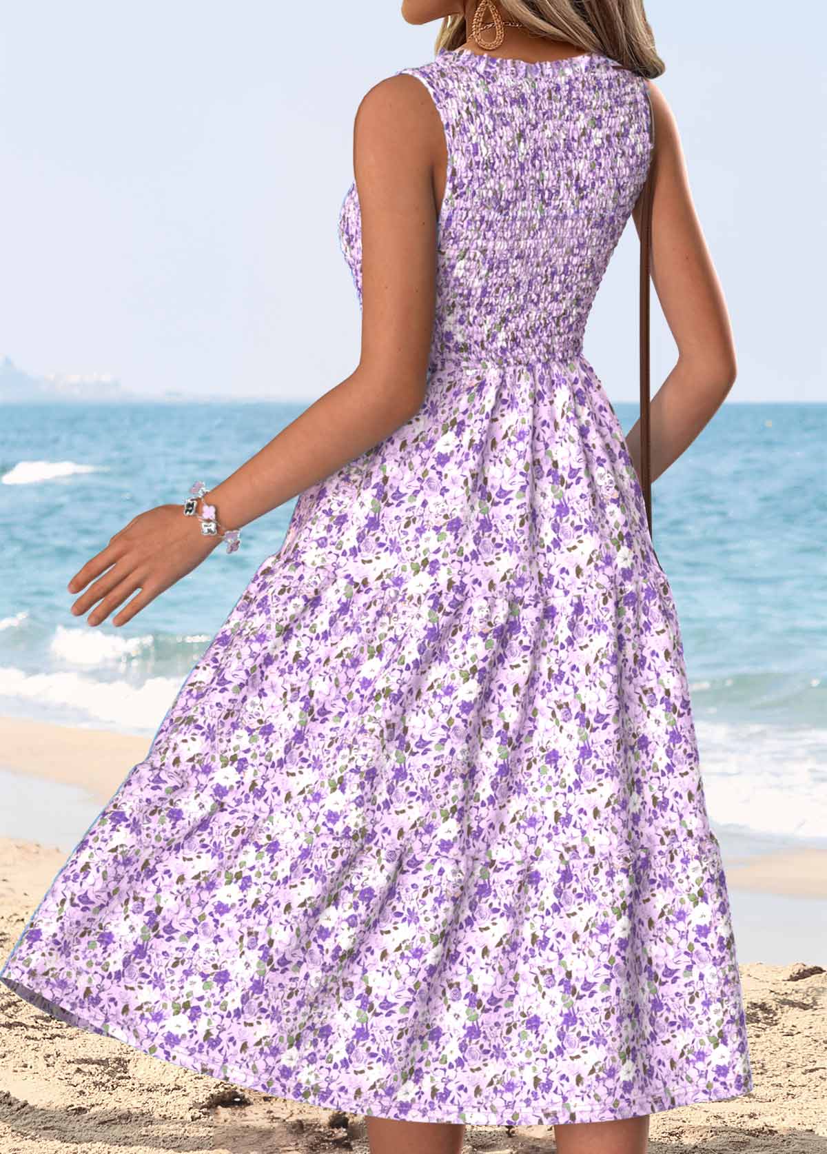 Light Purple Ditsy Floral Print Smocked Sleeveless Dress | picture 