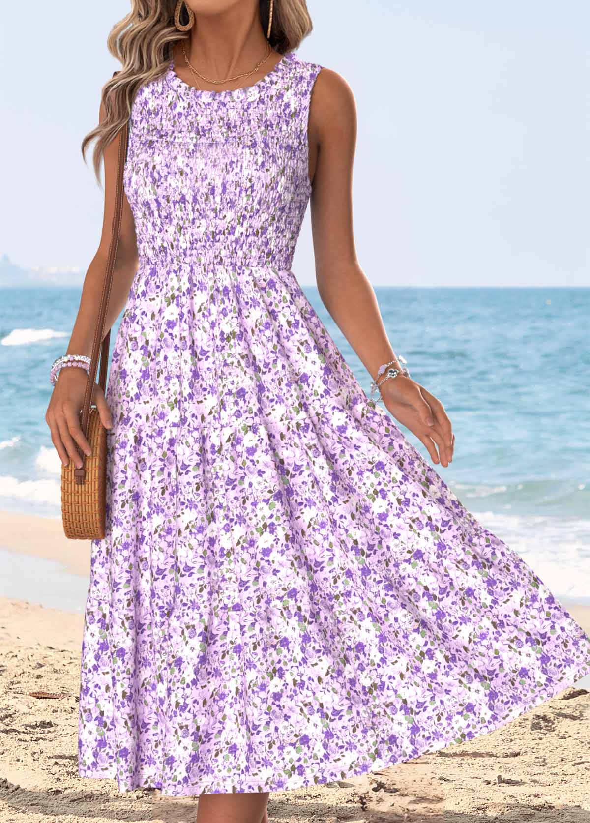 Light Purple Ditsy Floral Print Smocked Sleeveless Dress | picture 