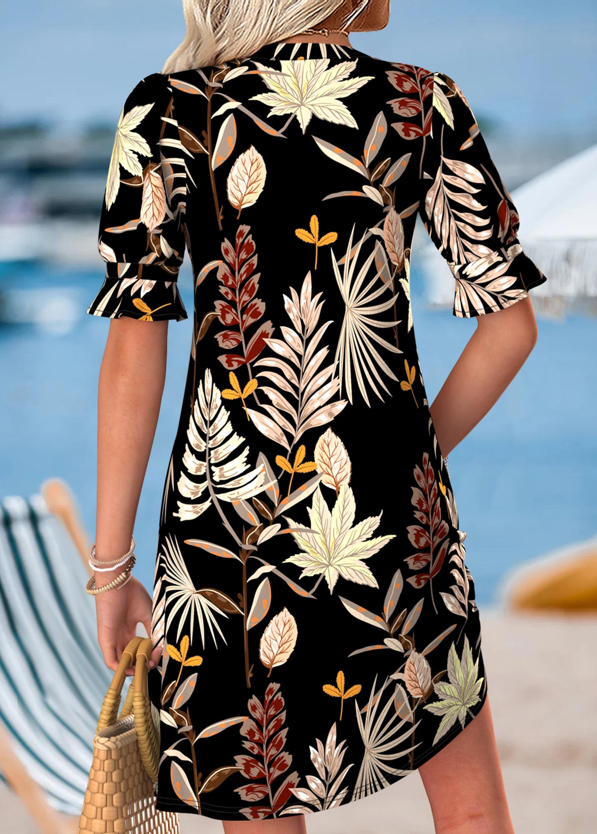 Black Floral Print Short Tummy Coverage Split Neck Dress | picture 