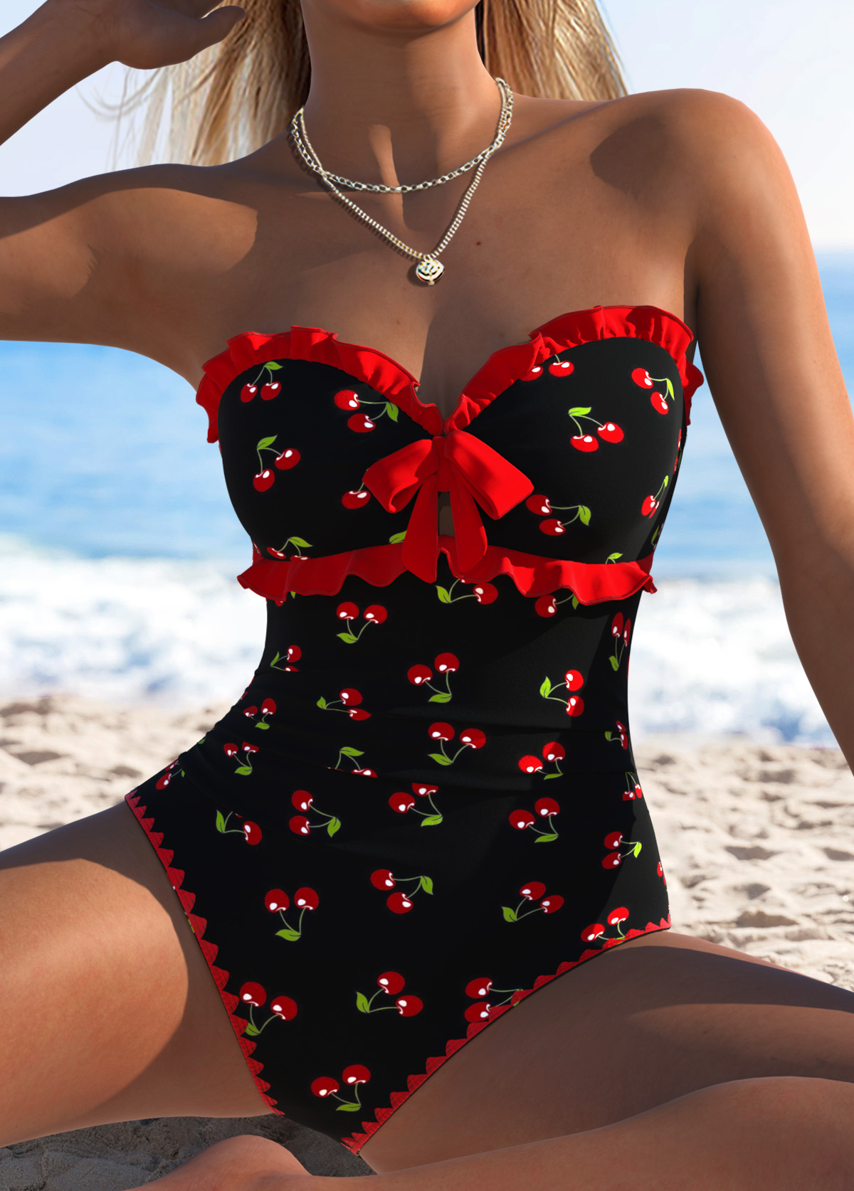 Black Bowknot Fruit Printing One Piece Swimwear | picture 