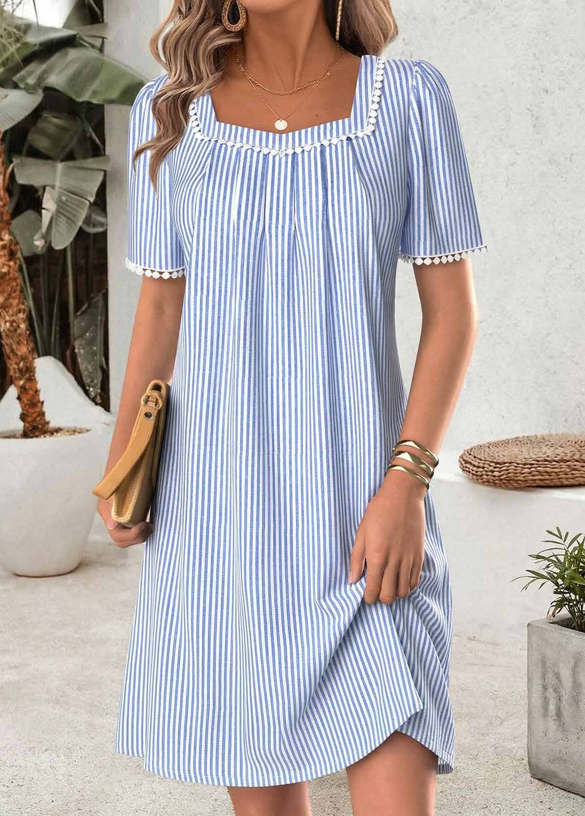 Light Blue Striped Short Tummy Coverage Boat Neck Dress | picture 