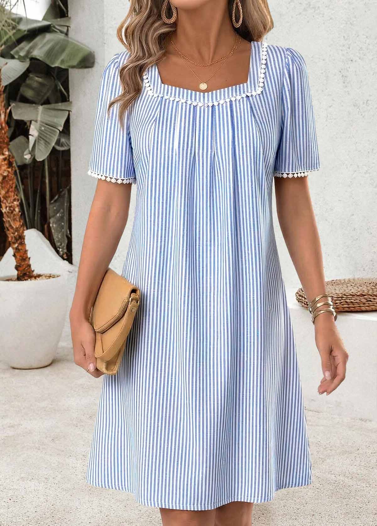 Light Blue Striped Short Tummy Coverage Boat Neck Dress | picture 