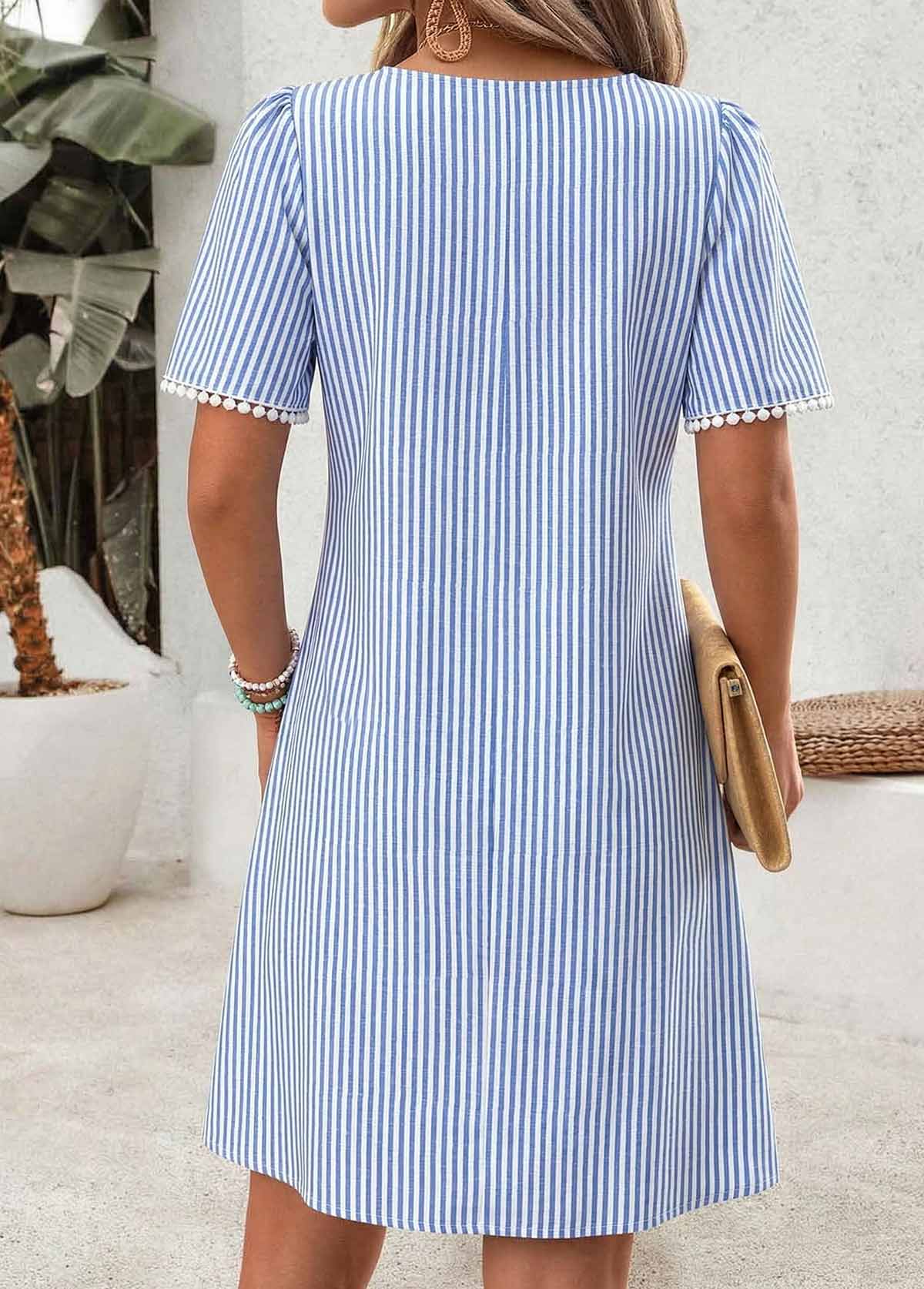 Light Blue Striped Short Tummy Coverage Boat Neck Dress | picture 