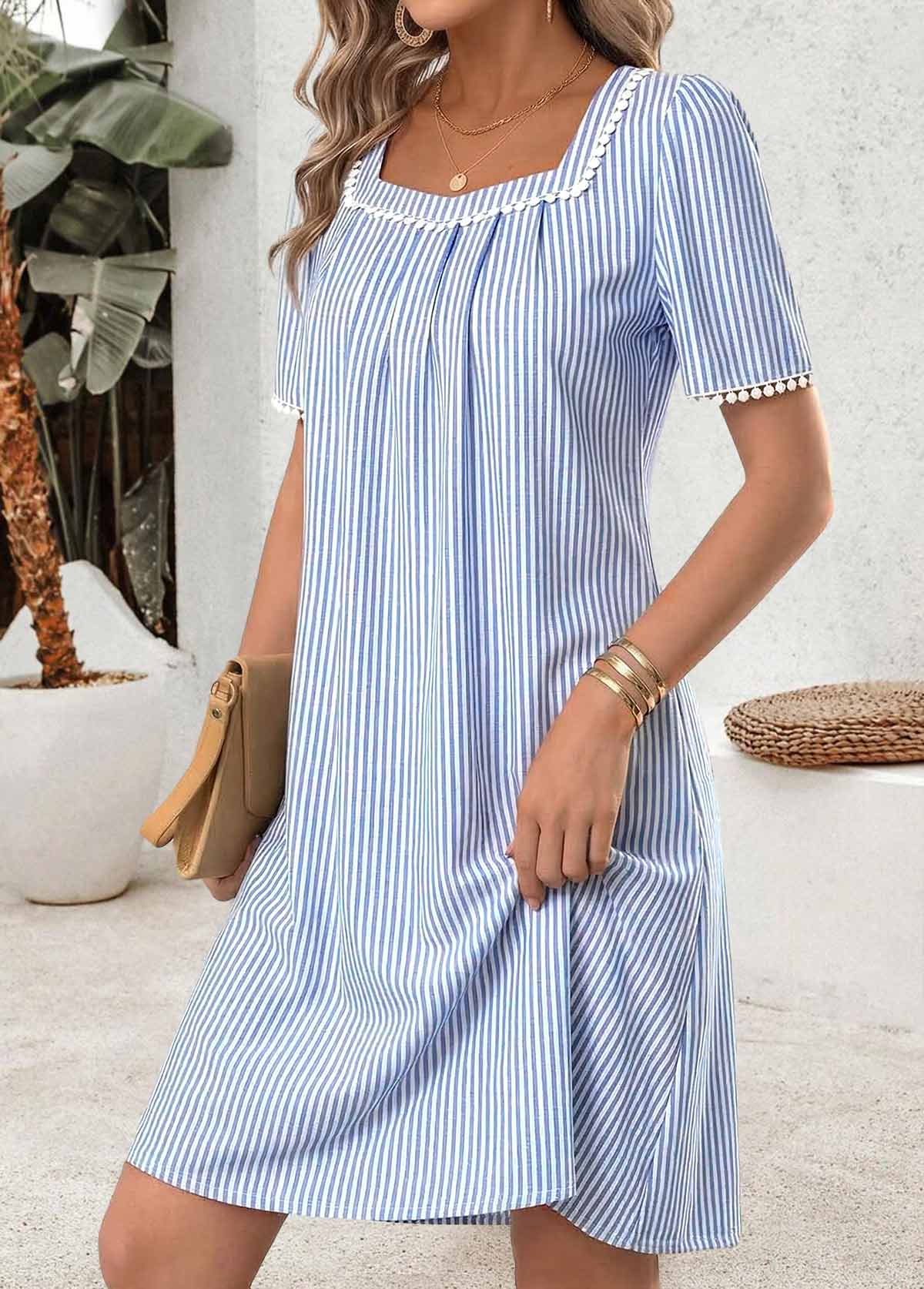 Light Blue Striped Short Tummy Coverage Boat Neck Dress | picture 