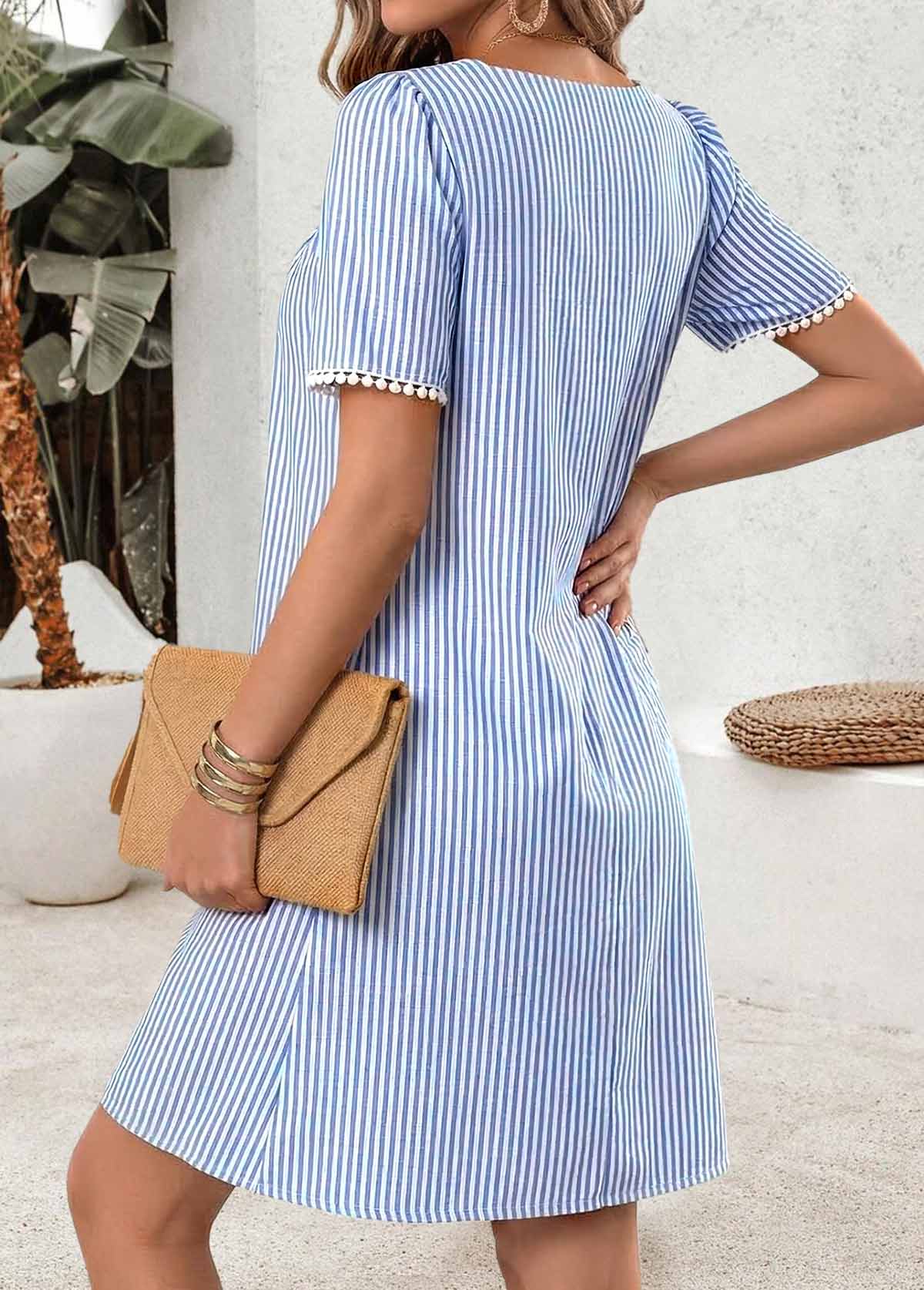 Light Blue Striped Short Tummy Coverage Boat Neck Dress | picture 