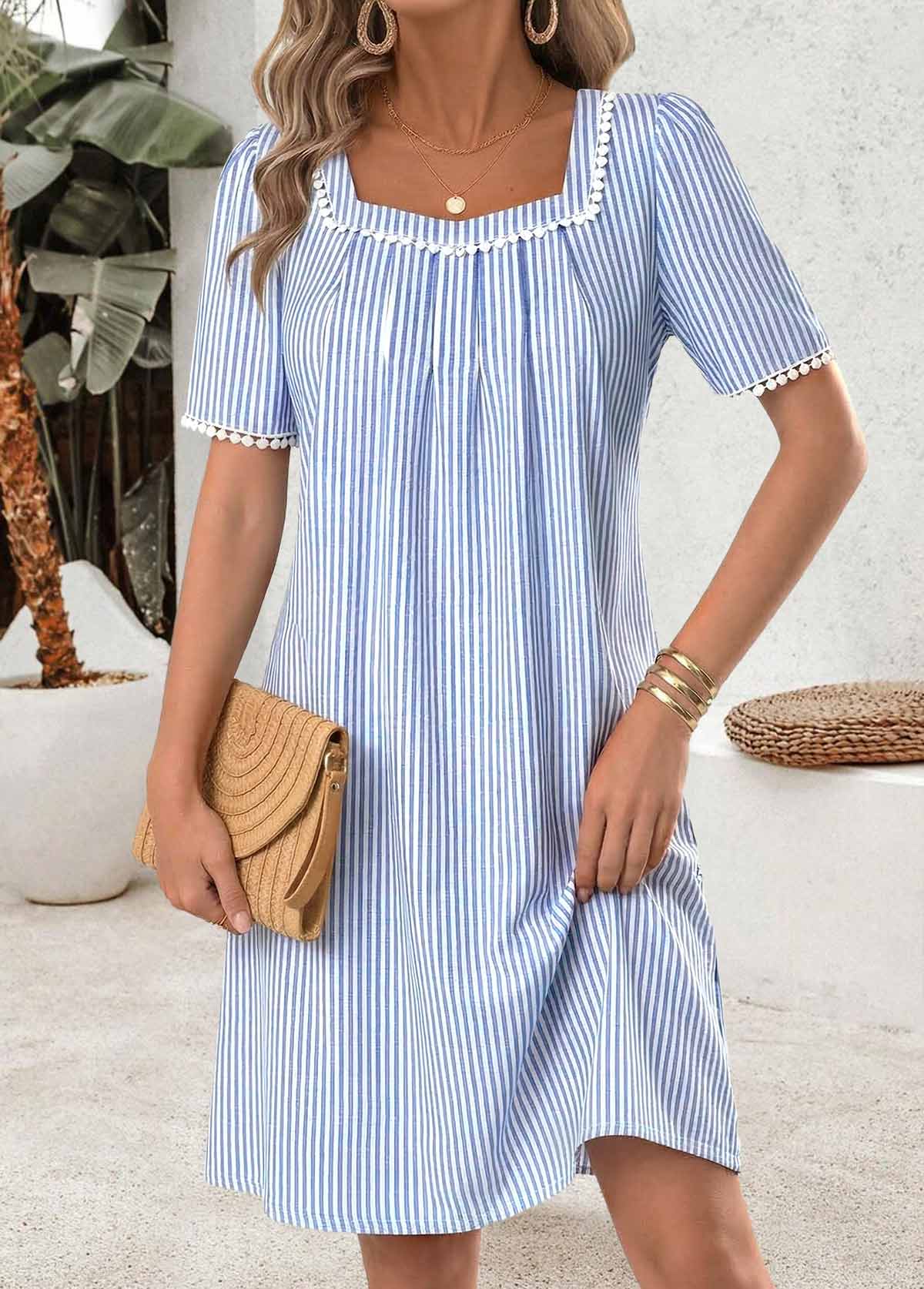 Light Blue Striped Short Tummy Coverage Boat Neck Dress | picture 