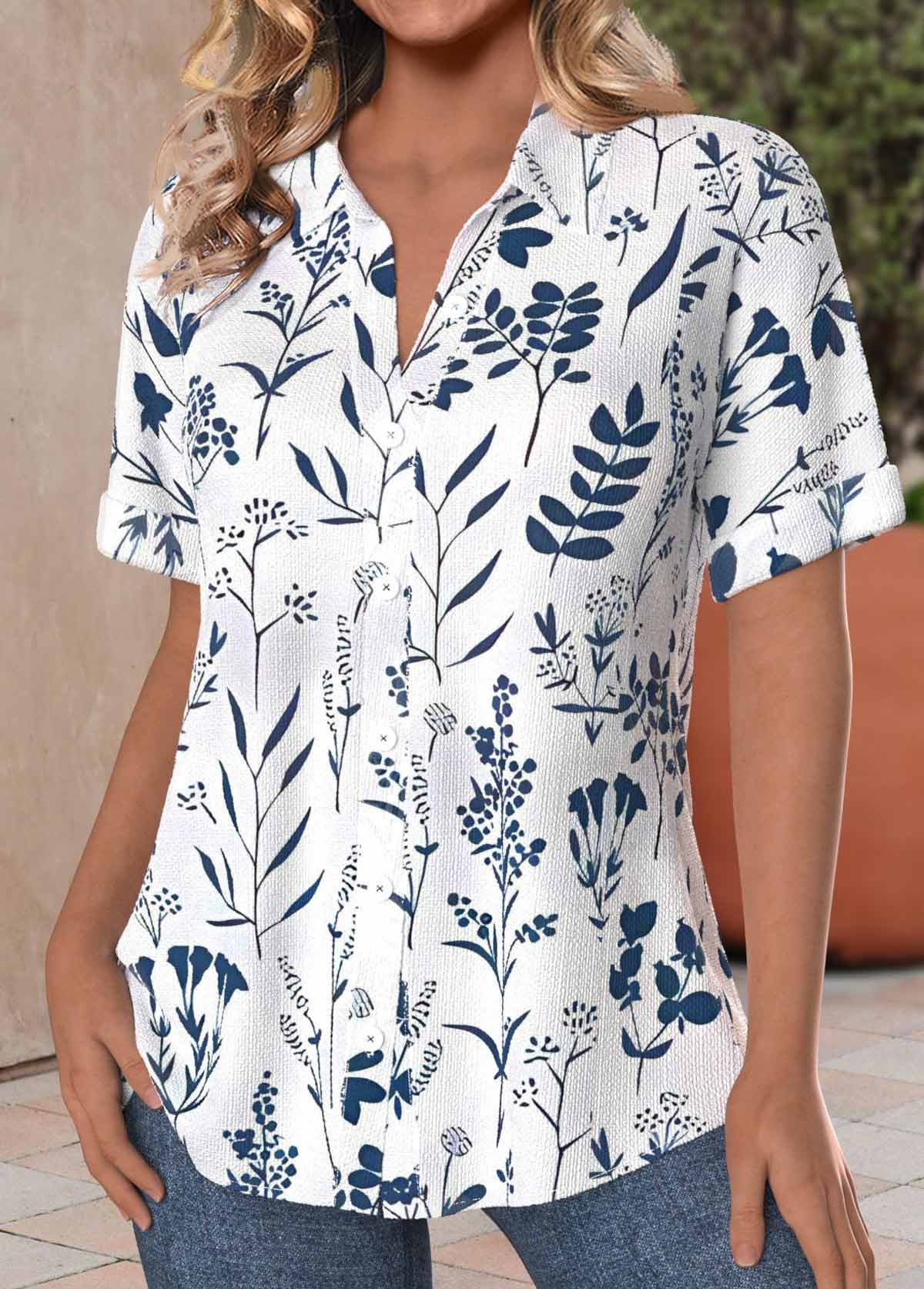 Navy Leaf Print Tummy Coverage Short Sleeve Blouse | picture 