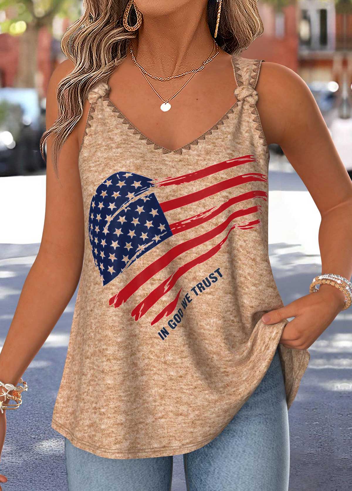 American Flag Light Camel Tie Strappy Tank Top | picture 