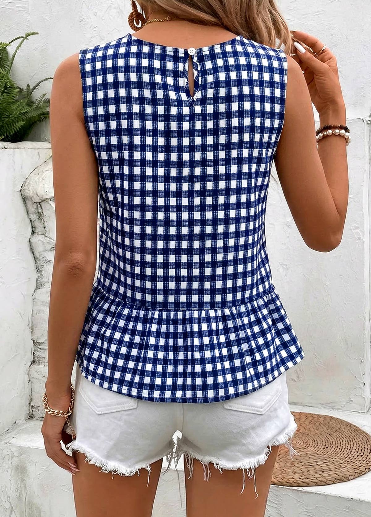 Navy Plaid Patchwork Sleeveless Round Neck Tank Top | picture 