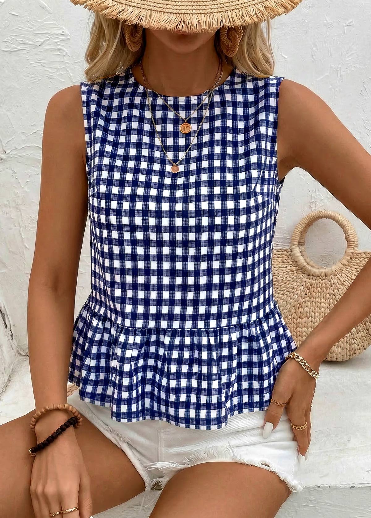 Navy Plaid Patchwork Sleeveless Round Neck Tank Top | picture 