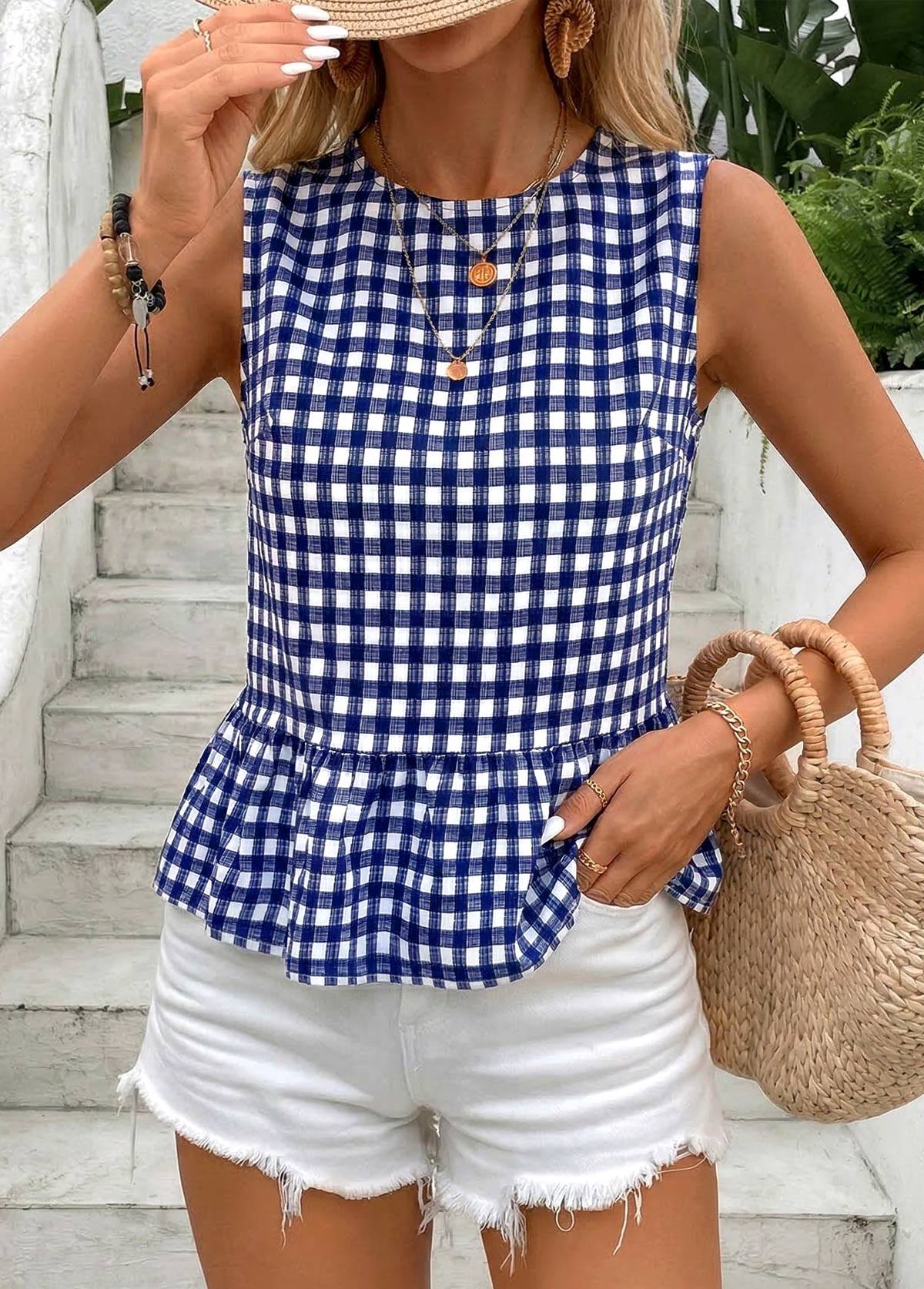 Navy Plaid Patchwork Sleeveless Round Neck Tank Top | picture 