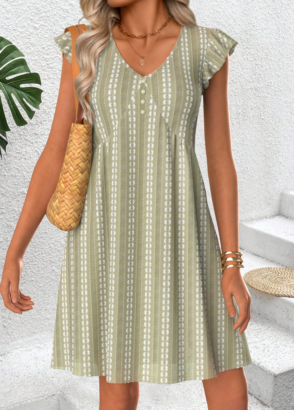 Sage Green Short Shirred V Neck Dress | picture 