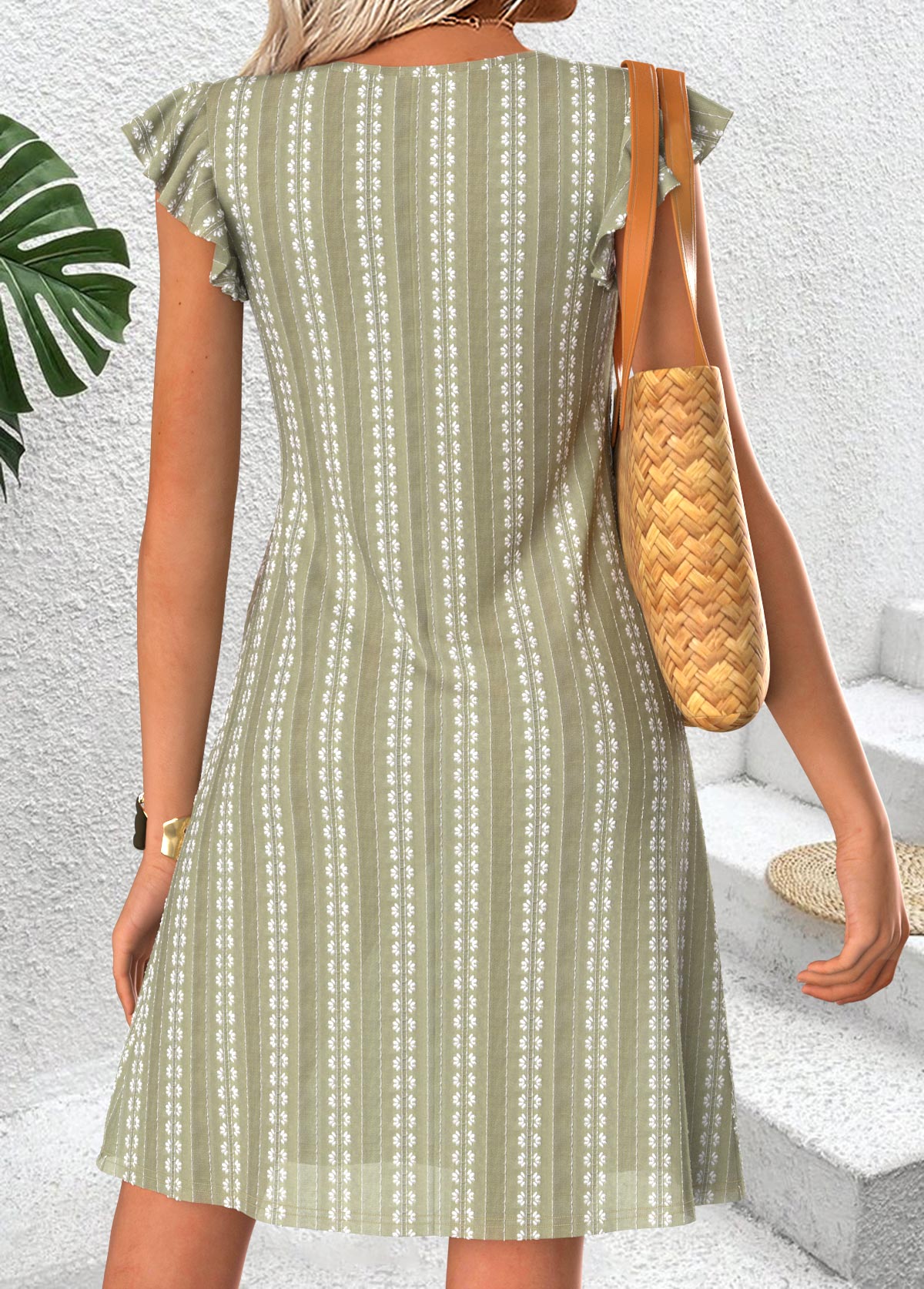 Sage Green Short Shirred V Neck Dress | picture 