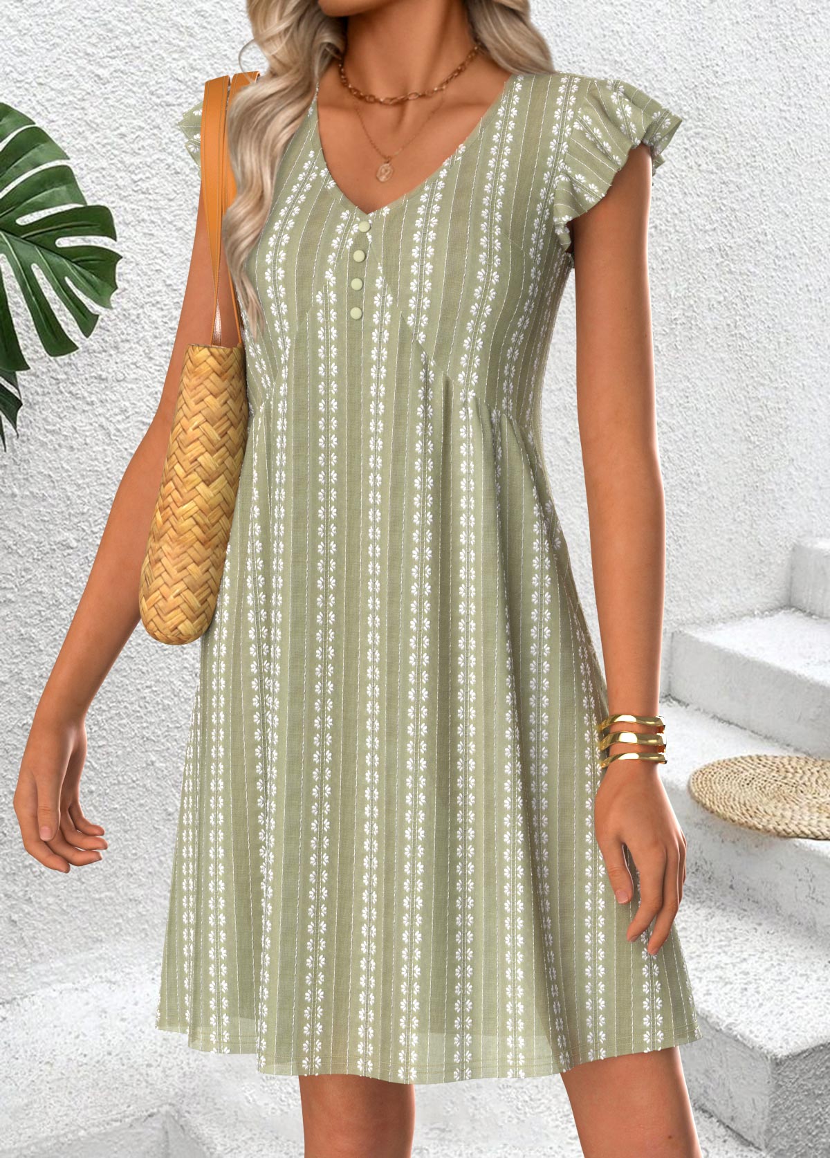 Sage Green Short Shirred V Neck Dress | picture 