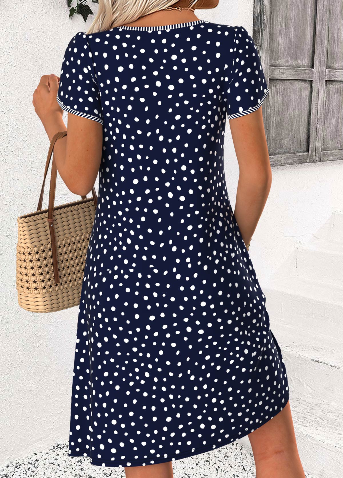 Navy Polka Dot Short Tuck Stitch Split Neck Dress | picture 